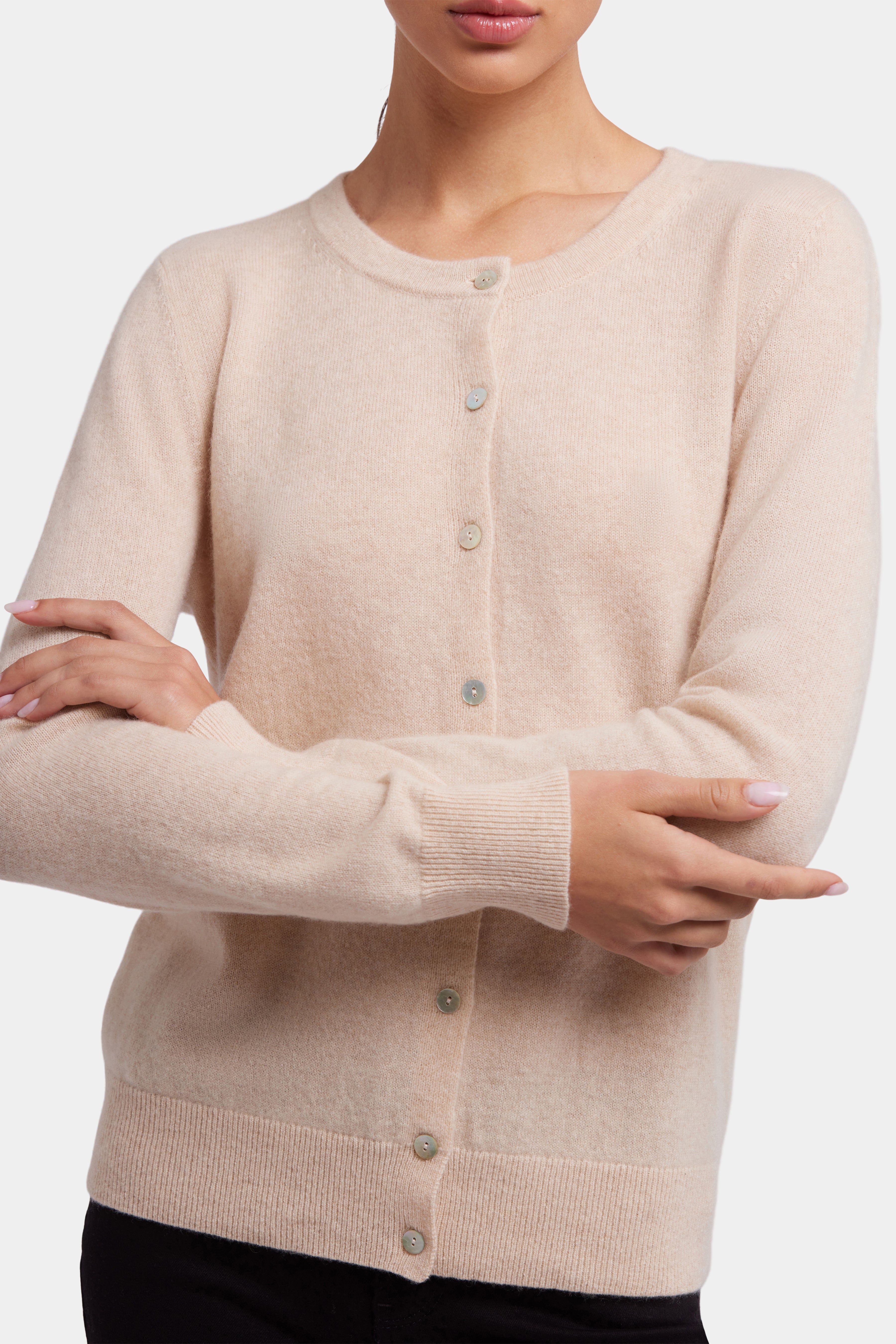 Luxury Cashmere Crewneck Cardigan for Women - Soft Heather Cream Sweater | Cozy Winter Wear & Office Outfit Essential