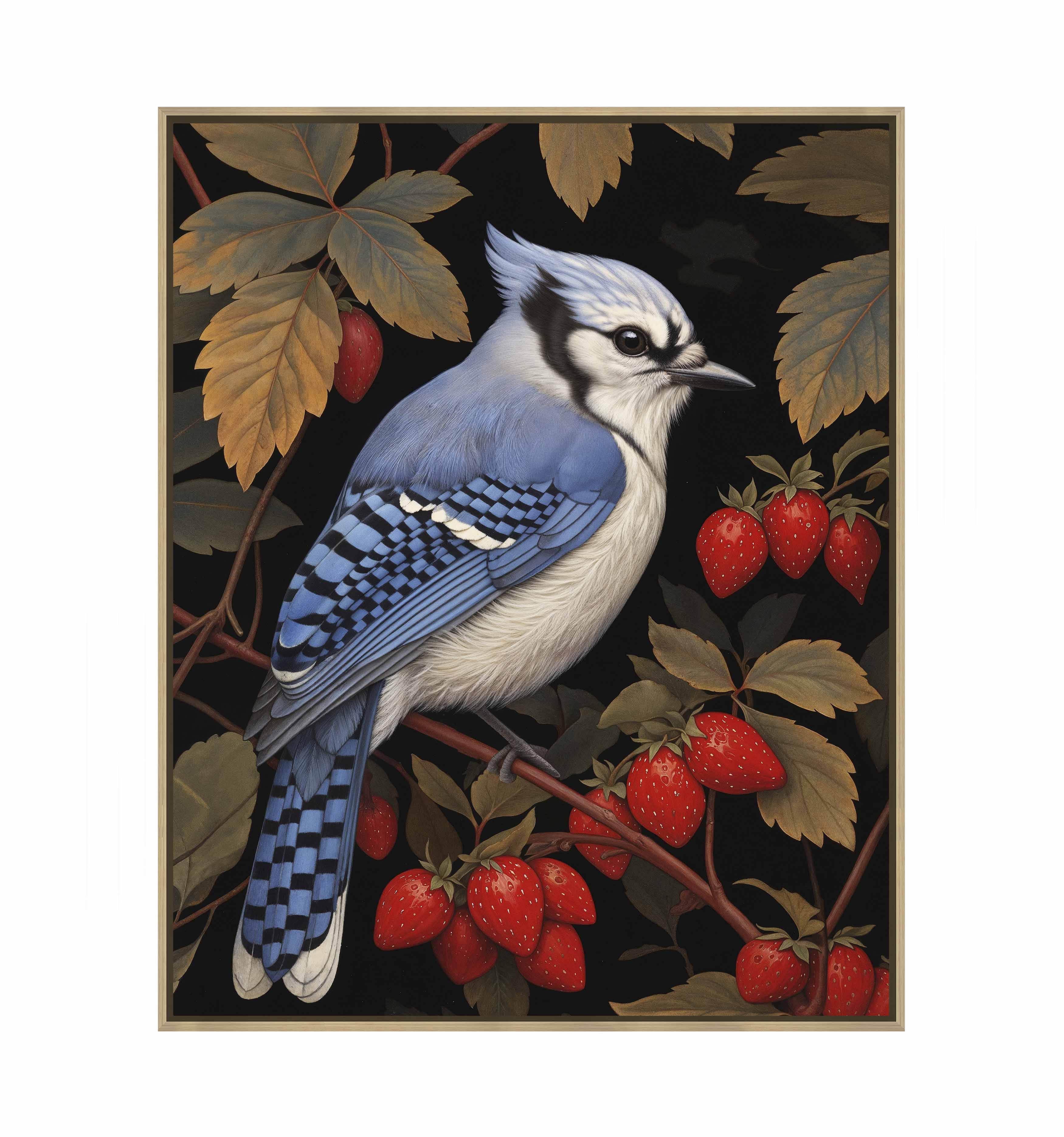 Berry Bliss Blue Jay in Strawberry Patch - Premium Gallery Wrapped Canvas Wall Art for Home & Office Decor | Perfect for Living Room, Bedroom, Kitchen