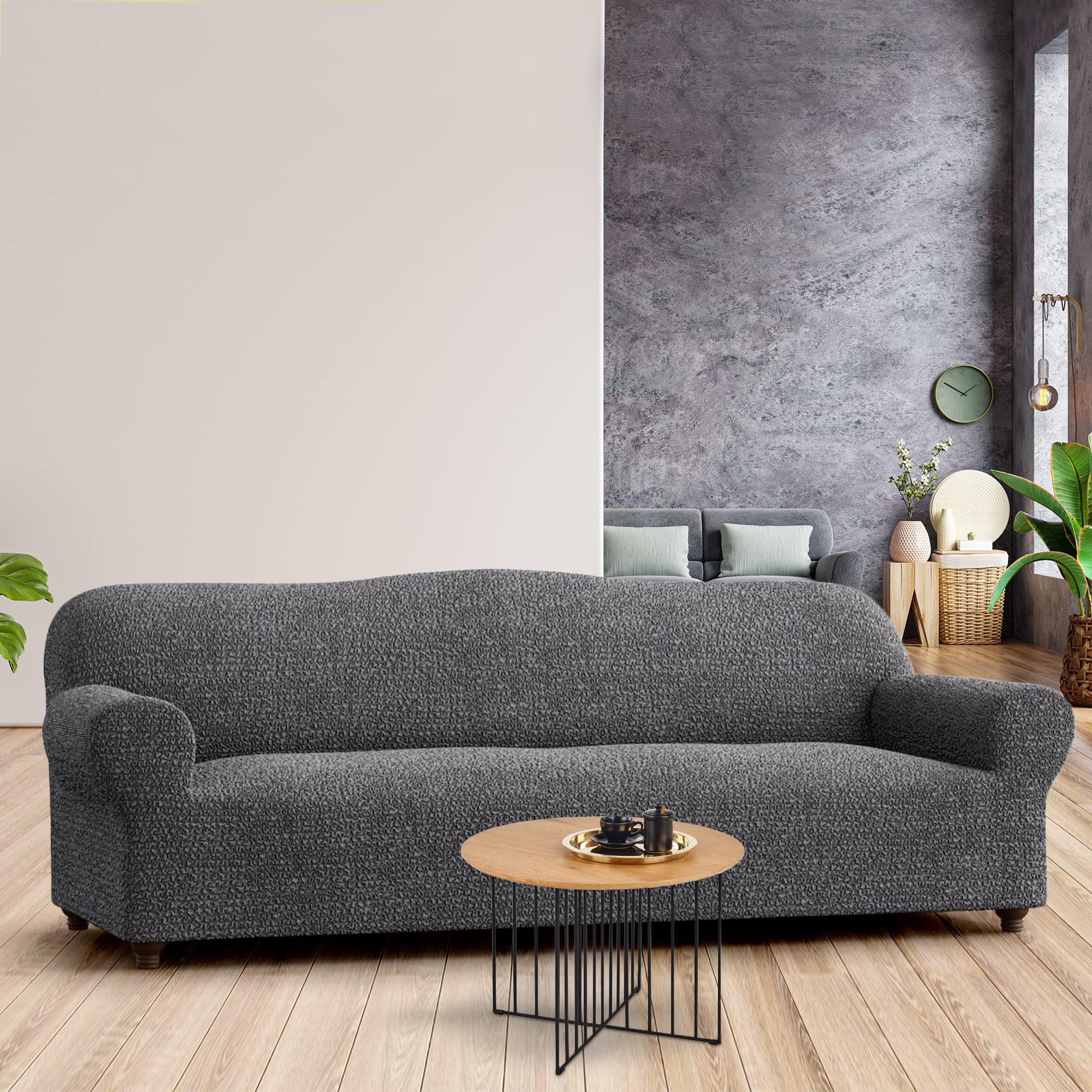 Stretch Sofa Slipcover - Washable 1-Piece Couch Cover with Soft Fabric - Pet-Friendly Form Fit Protector - Mille Righe Collection in Dark Grey - Perfect for Living Room, Family Room & Pet Owners