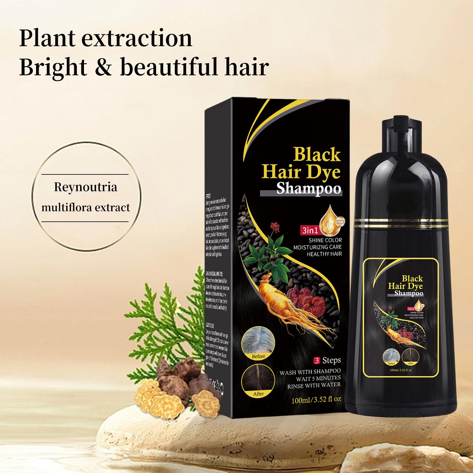 Natural 3-in-1 Herbal Black Hair Dye Shampoo for Men - Gray Hair Coverage & Color Treatment - Gentle Hair Coloring Solution for Home Use & Daily Styling