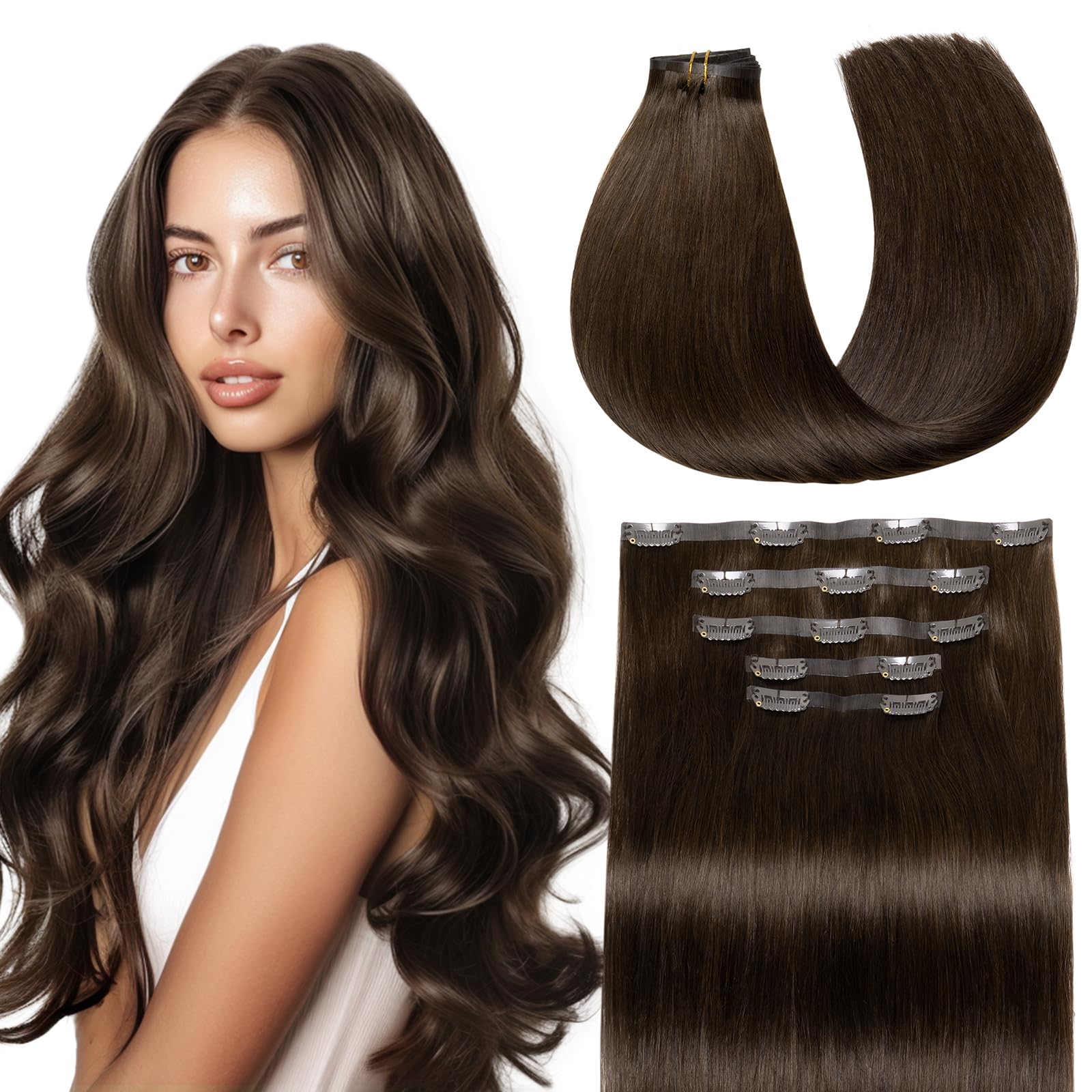 HEHUA 100% Human Hair Clip-In Extensions - 24 Inch 5-Piece Set (100g) Dark Brown Remy Hair Seamless & Invisible for Women | Perfect for Daily Wear, Parties & Special Occasions