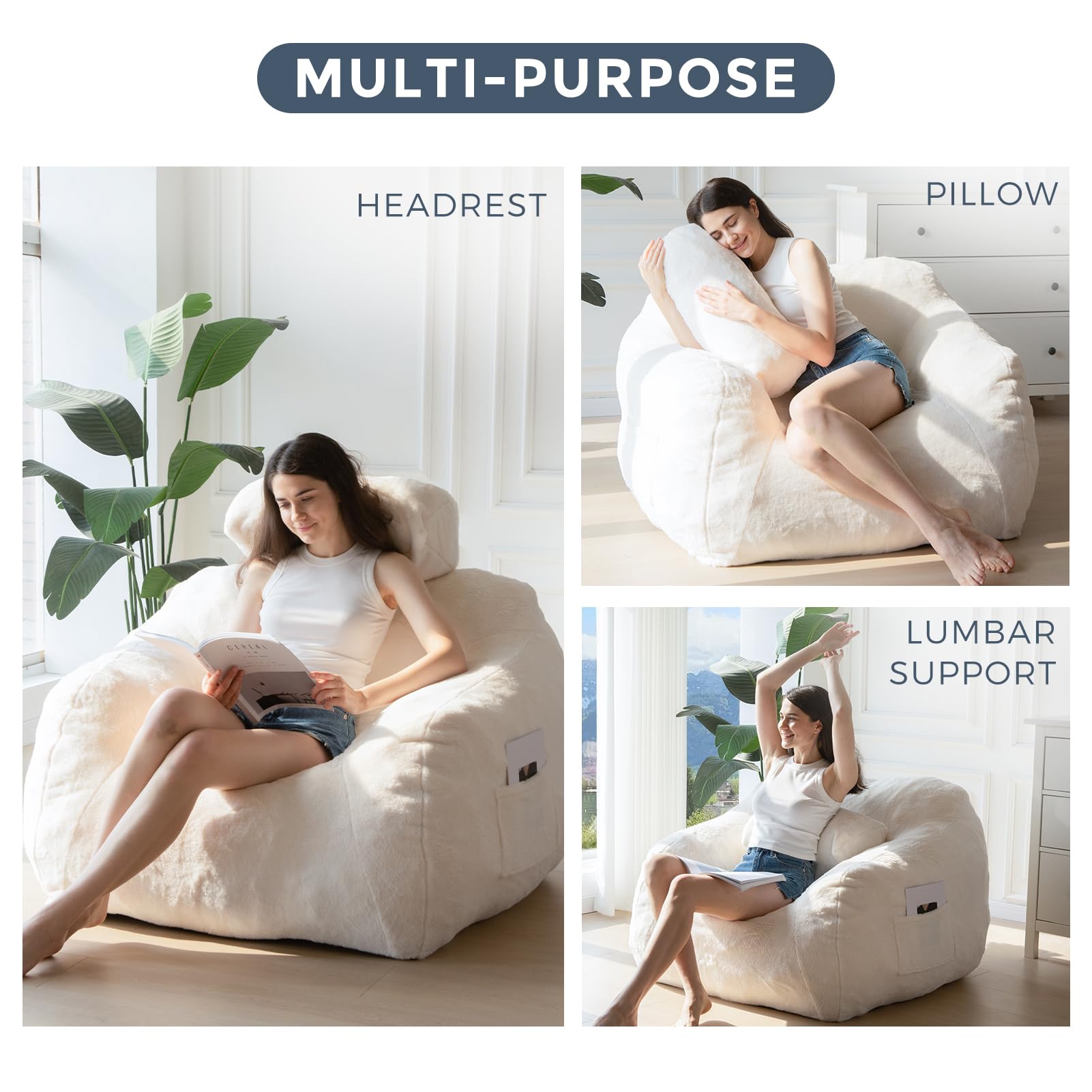 MAXYOYO Giant Bean Bag Chair with Pillow - Ultra Soft Faux Fur Fabric, Extra Large Fluffy Lounger for Adults & Teens - Perfect for Reading, Gaming & Relaxing in Bedroom, Living Room or Dorm - Beige