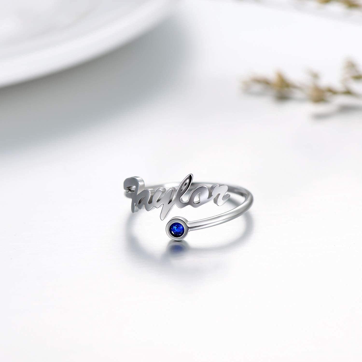 Personalized Sterling Silver Name Rings with Simulated Birthstone - Custom Engraved Adjustable Engagement Rings for Women - Perfect for Anniversaries, Valentine's Day & Unique Gifts