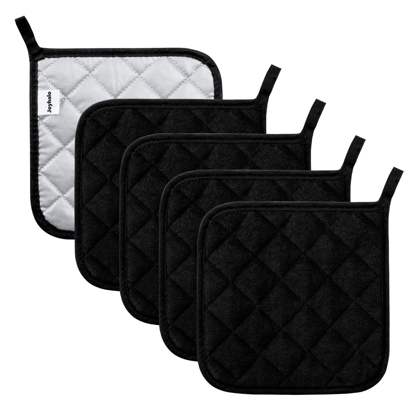 Heat Resistant Cotton Pot Holders - Machine Washable Potholders & Hot Pads Set of 5 for Cooking, Baking, Grilling - Black Kitchen Trivets for Stove, Oven & Countertop Protection