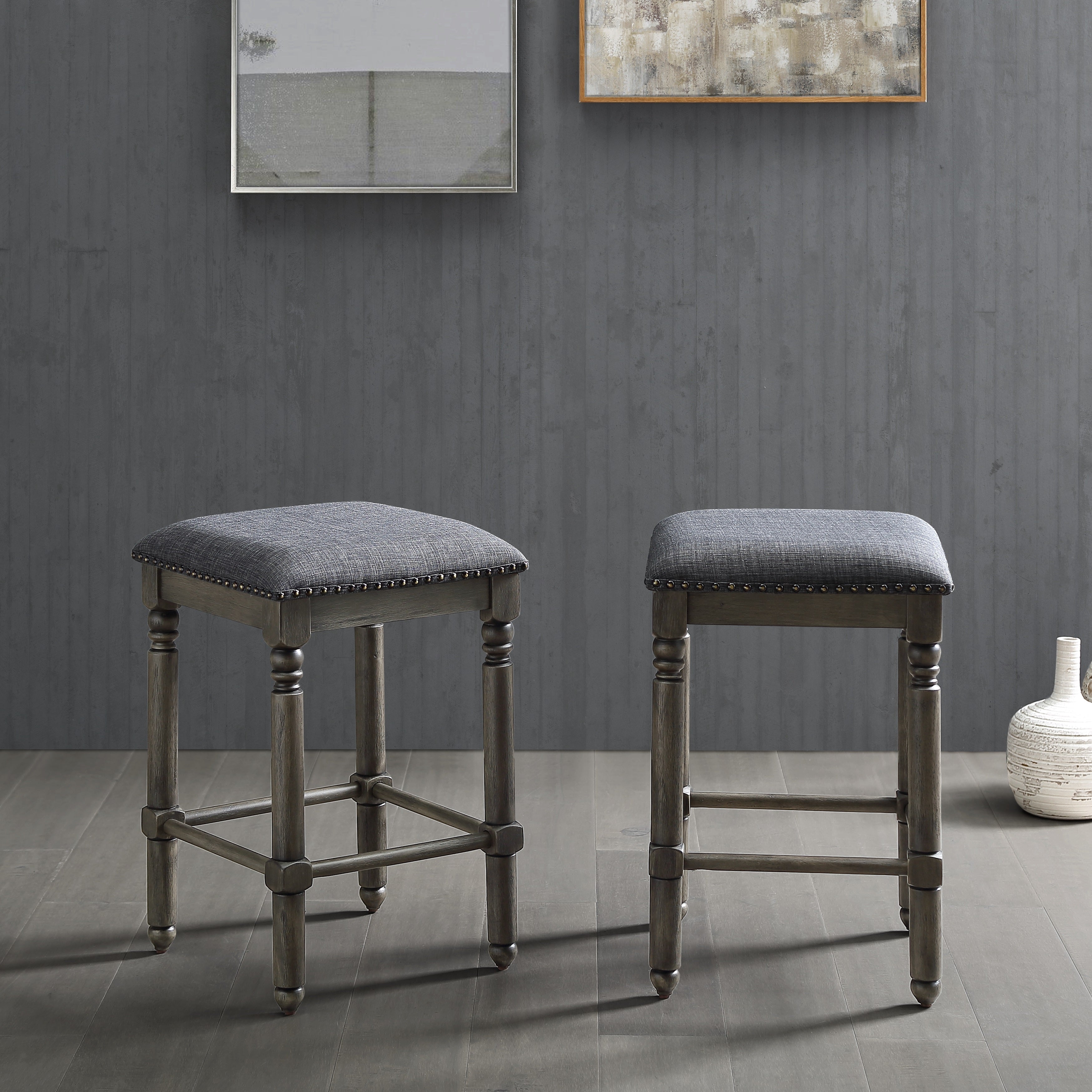 Roundhill Furniture Arnhem Wood Gray Upholstered Counter Height Stool, Set of 2 - Bar Stools for Kitchen Island, Breakfast Nook & Home Bar Decor