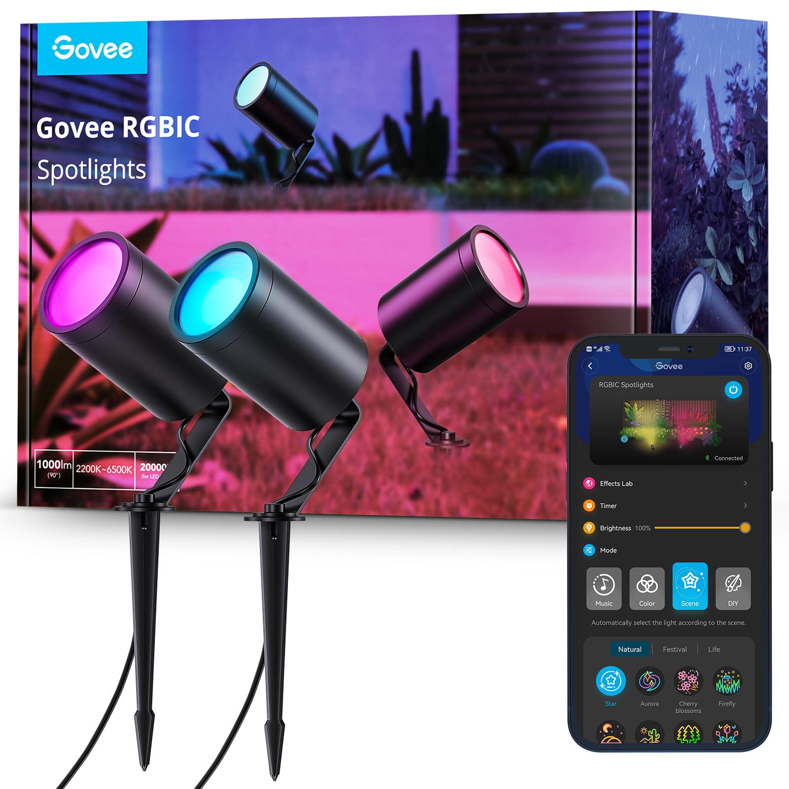 Govee Outdoor Spot Lights IP65 Waterproof - 24V Low Voltage RGBIC Color Changing Landscape Lights with WiFi & Alexa Control - Perfect for Patio, Garden, Yard Decor (2 Pack) - Illuminate Pathways, Highlight Trees & Enhance Outdoor Ambiance