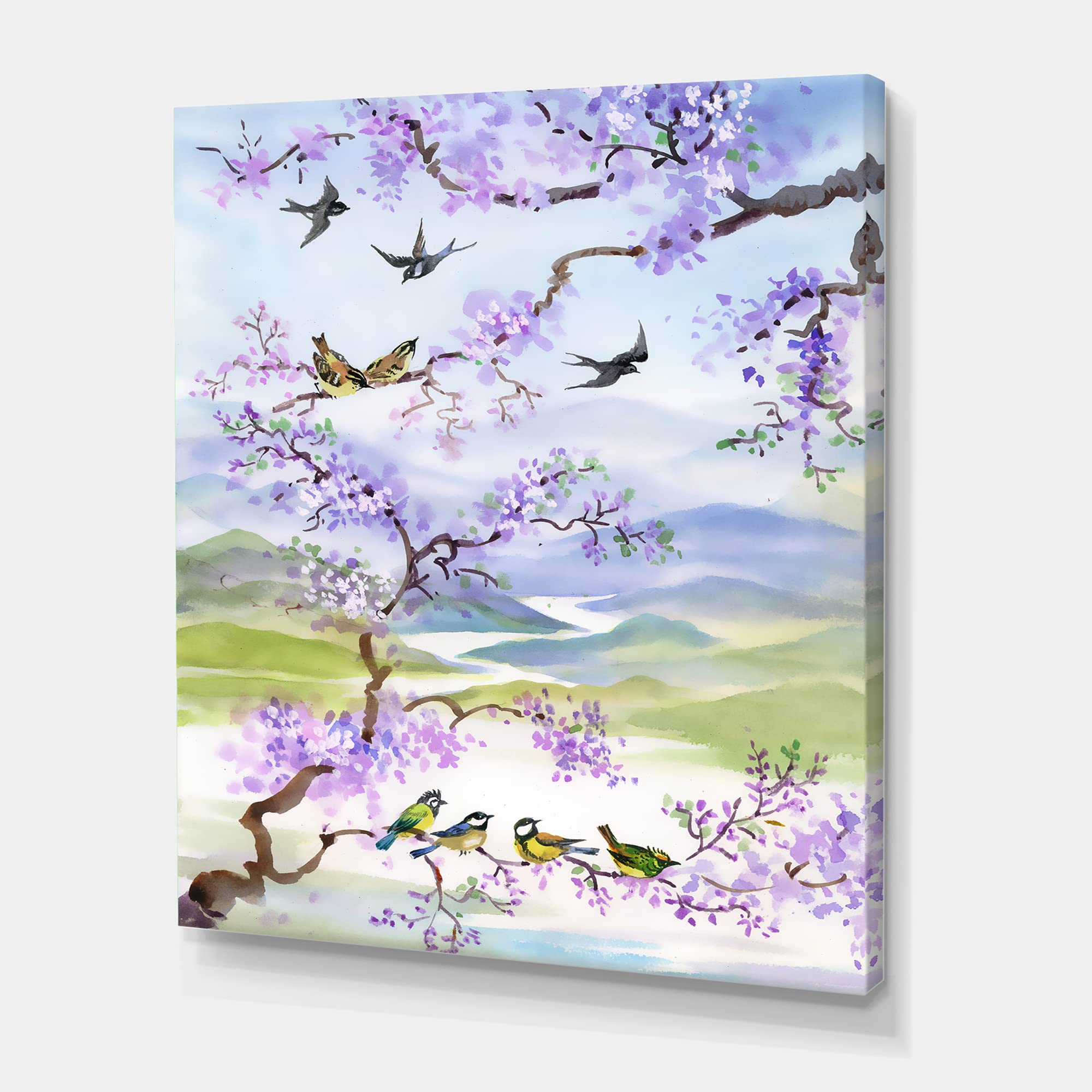 DesignQ Birds on Cherry Branch Traditional Canvas Wall Art - Hand-Painted Home Decor for Living Room, Bedroom & Office