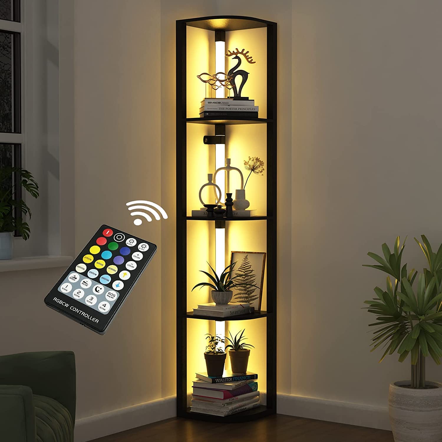 VTRIN 5-Tier Corner Shelf with LED Light - Modern Floor Lamp with Storage Shelves for Collectibles, Books & Decor - Sturdy Corner Bookshelf Cabinet for Living Room, Bedroom & Small Spaces - Perfect for Displaying Plants, Photos & Home Decor Accessories