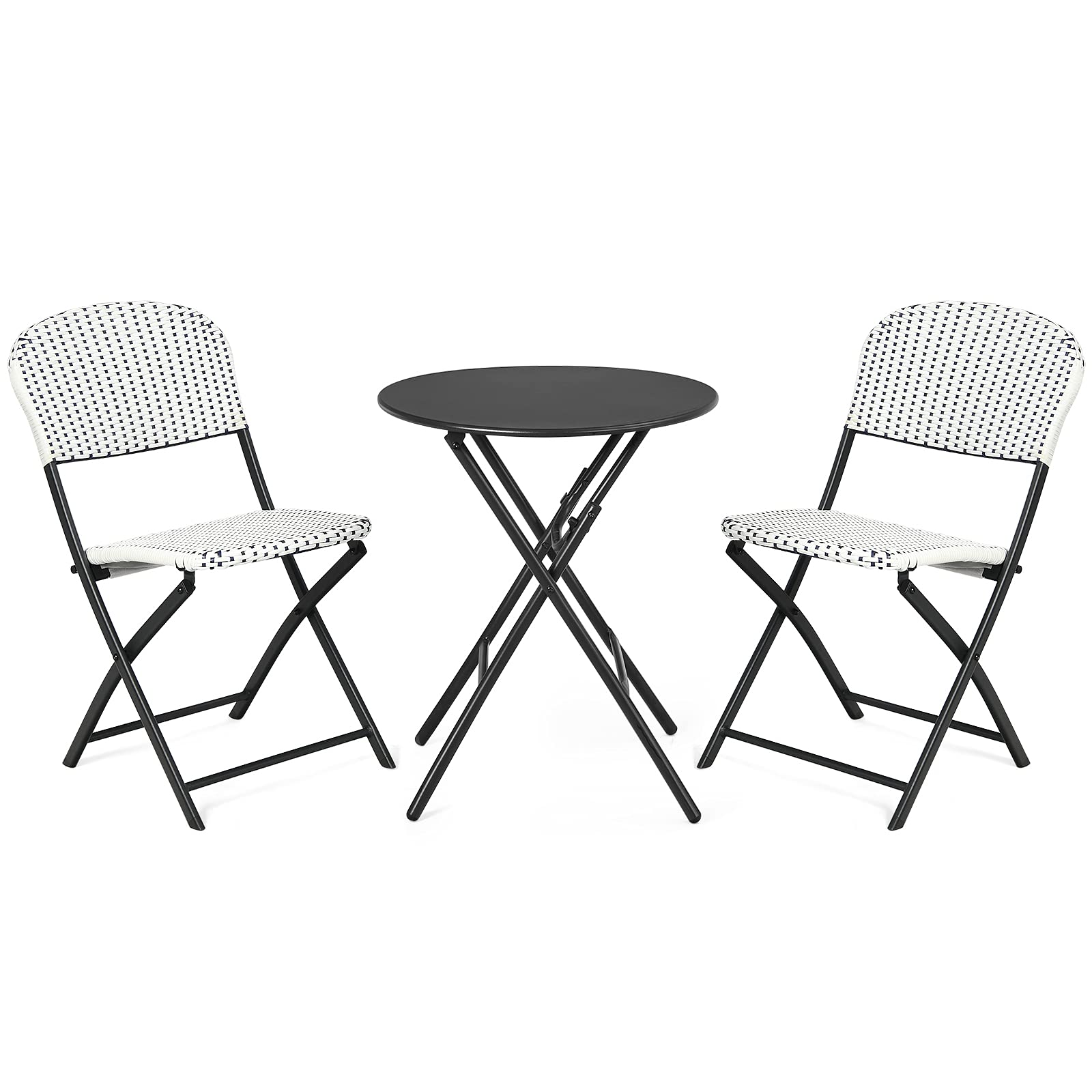 Giantex 3-Piece Patio Dining Set - Folding Bistro Table with 2 Rattan Chairs, Metal Frame Indoor/Outdoor Furniture for Garden, Balcony, Porch, Yard, Lawn & Poolside (White & Black) - Perfect for Outdoor Entertaining, Relaxing & Dining Al Fresco