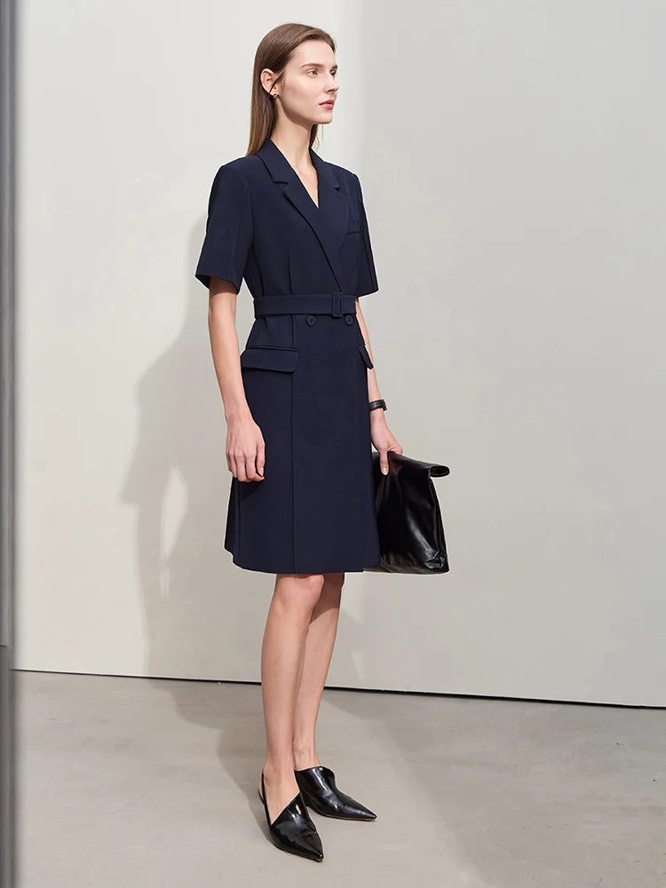Elegant Minimalist Blazer Dress for Women - Spring New Turn Down Collar Belted Short Sleeve Pleated Dress | Office Wear, Cocktail Party, Business Casual Outfit