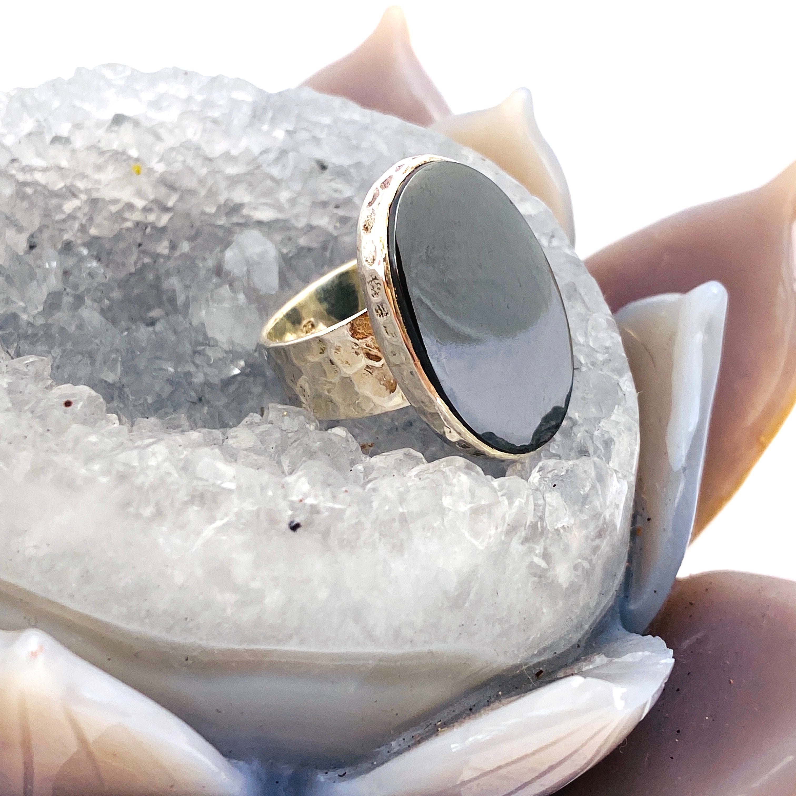 Natural Hematite Oval Cabochon Ring with Handmade Beaten Band - Size 6.5 (KRGJ1687) | Elegant Boho Jewelry for Women, Perfect for Everyday Wear & Gift Giving