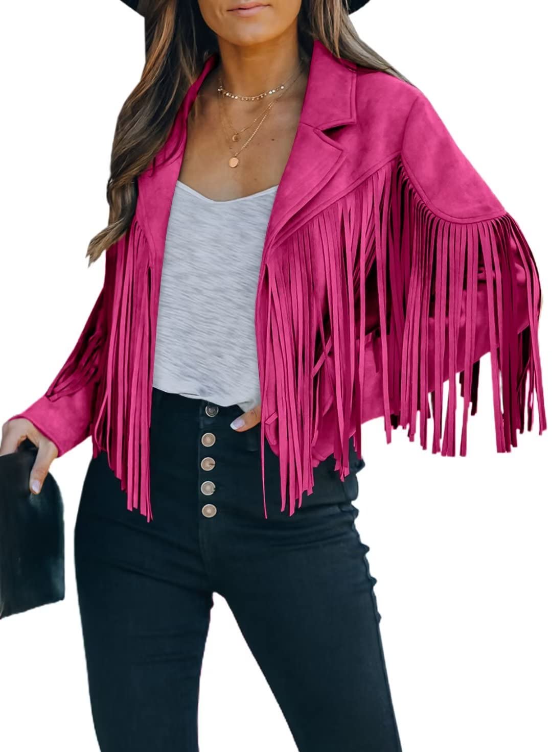 FARYSAYS Women's Stylish Cropped Fringe Faux Suede Leather Motorcycle Jacket for Casual Outings and Night Events