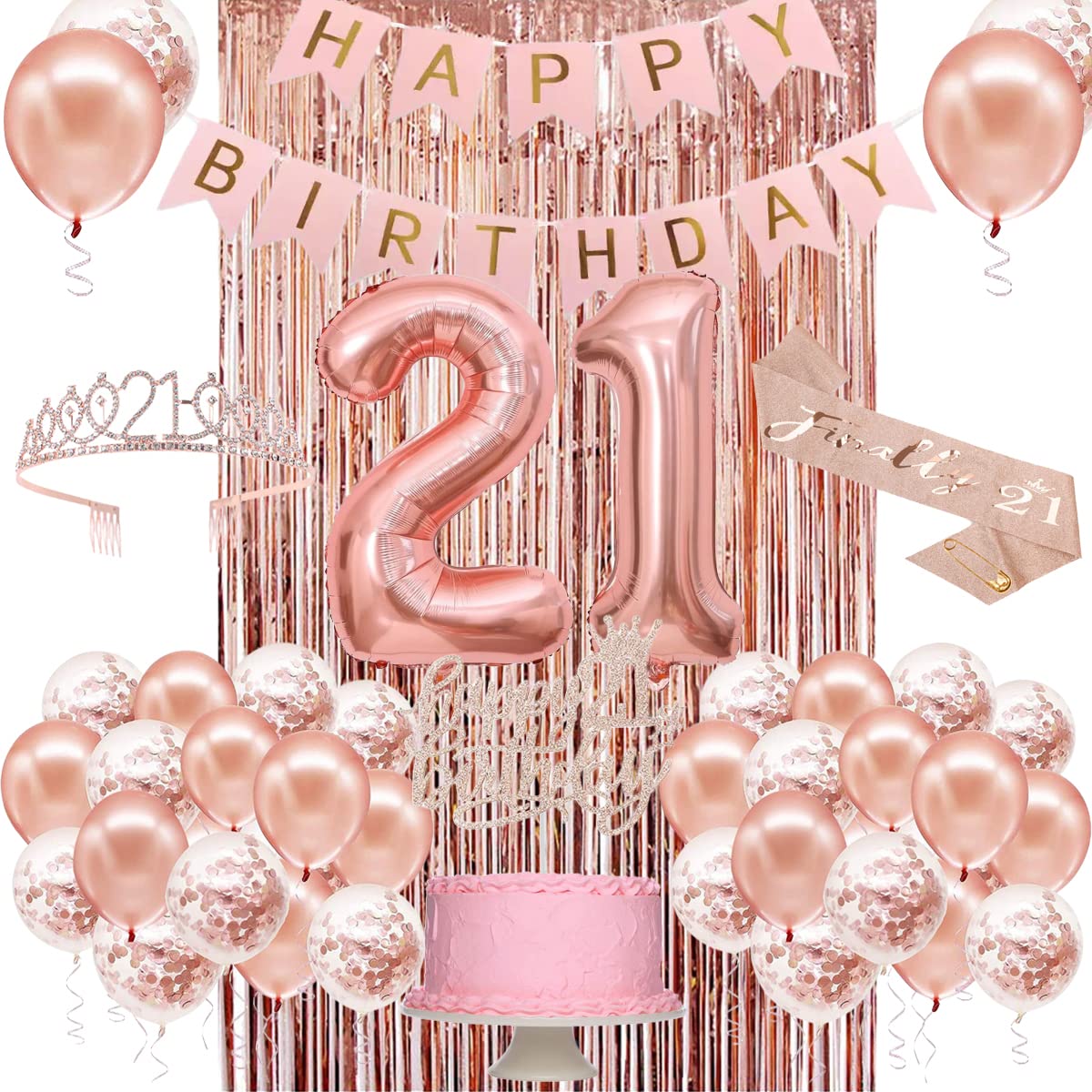 21st Birthday Party Decorations for Women - Rose Gold Banner, Crown, Sash, Cake Topper & Balloons Set | Perfect for 21st Birthday Celebrations, Milestone Parties & Girls' Night Decor