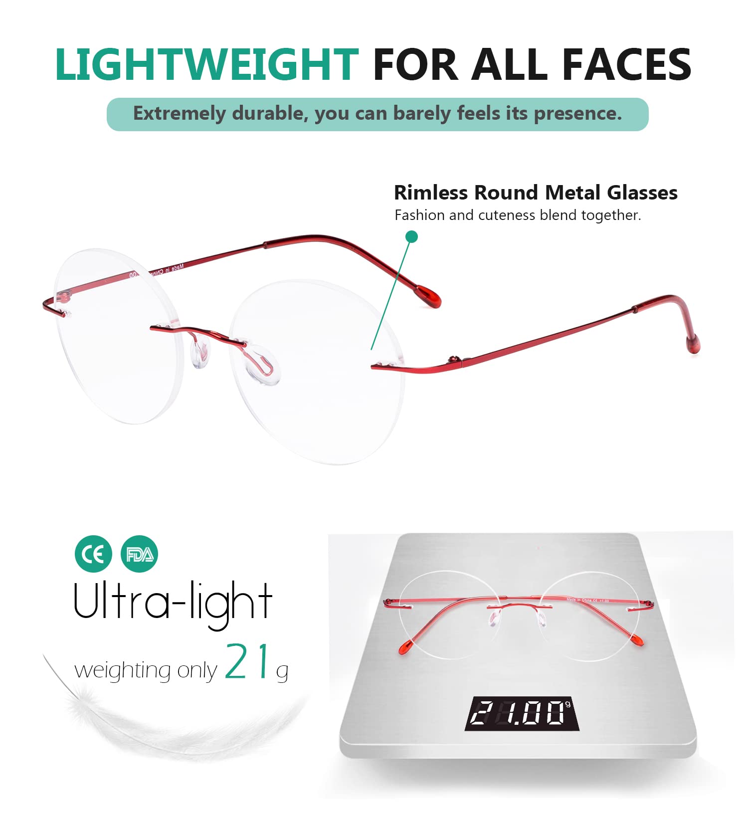 Eyekepper Frameless Reading Glasses for Women & Men - Lightweight Round Rimless Readers with Spring Hinges (Perfect for Reading, Working, and Computer Use)
