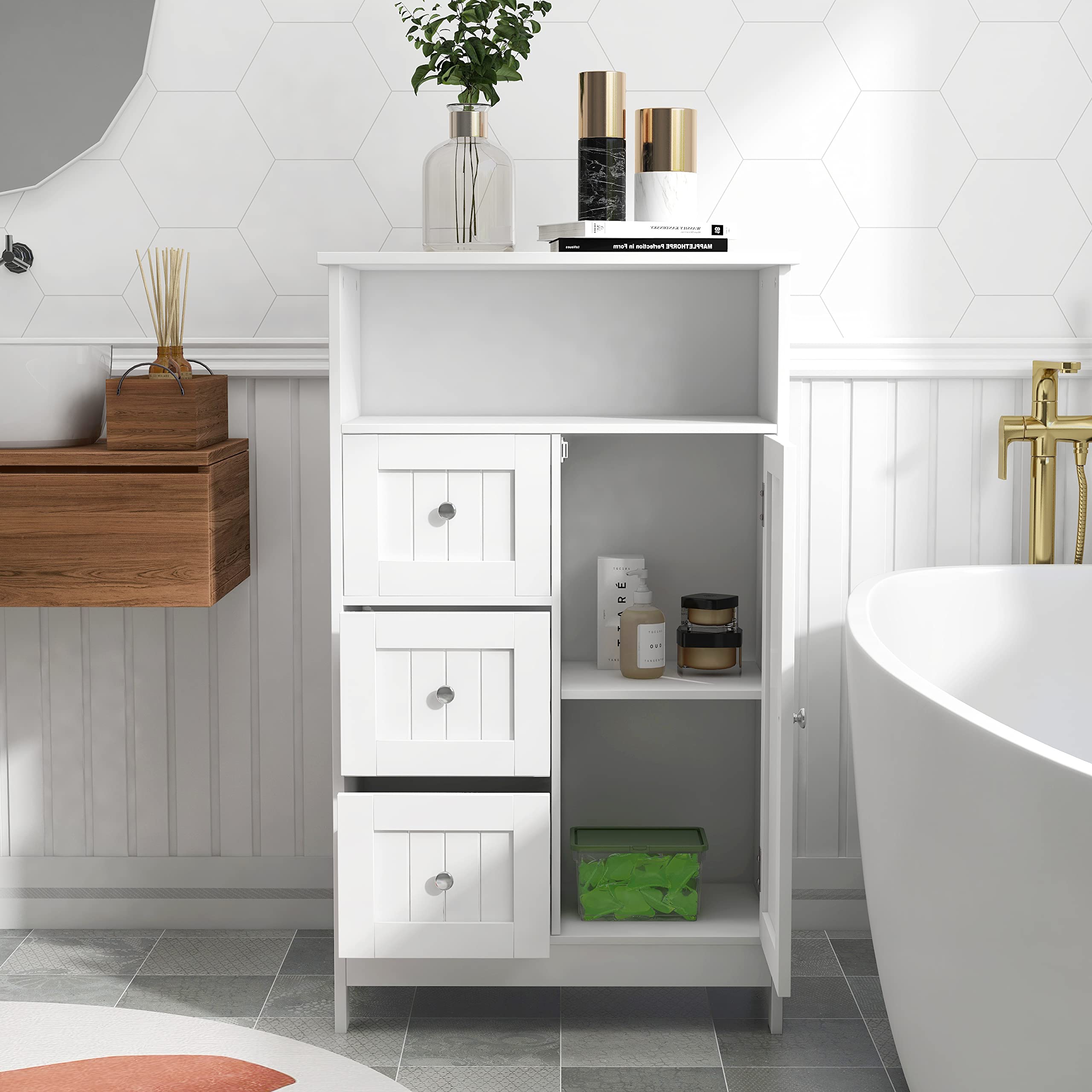 White Bathroom Standing Storage Cabinet with 3 Drawers & 1 Door - Space Saving Organizer for Towels, Toiletries & Cleaning Supplies - Perfect for Small Bathrooms, Laundry Rooms & Closets
