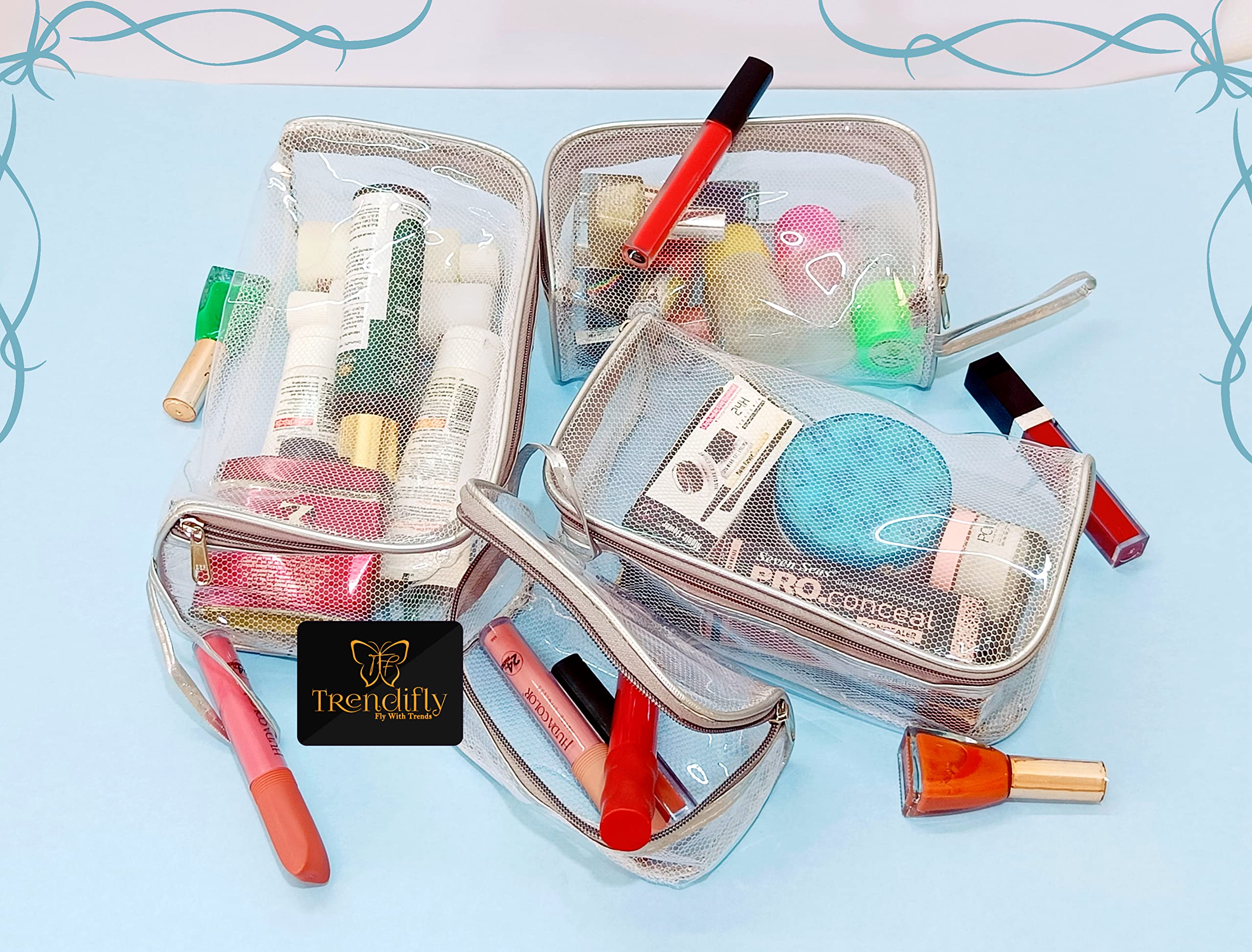 Trendifly 4-Piece Clear Waterproof Travel Cosmetic Organizer Set - Nylon Makeup Pouch & Jewelry Storage Bag for Women (Grey Transparent) | TSA Approved Carry-On Toiletry Bag for Airplane, Gym, Beach & College | Perfect for Organizing Skincare, Makeup Brushes, Hair Accessories & Daily Essentials | Great for Travel, Home Vanity & On-the-Go Organization