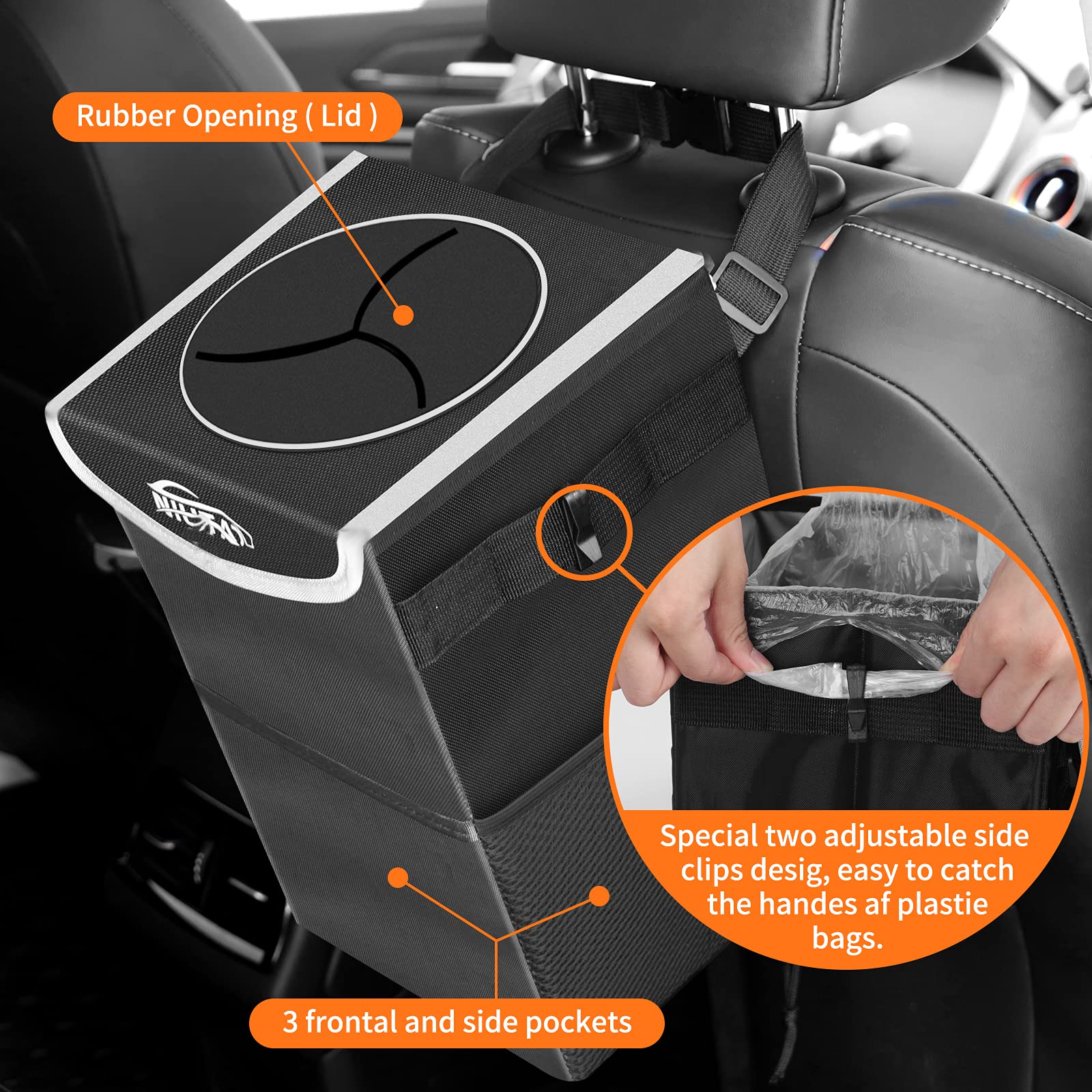 NIUTA Waterproof Foldable Car Trash Can with Lid & Side Net Pocket - Portable Garbage Bin for Car, SUV, Truck, Minivan, Auto - Ideal for Road Trips, Commuting, and Outdoor Adventures
