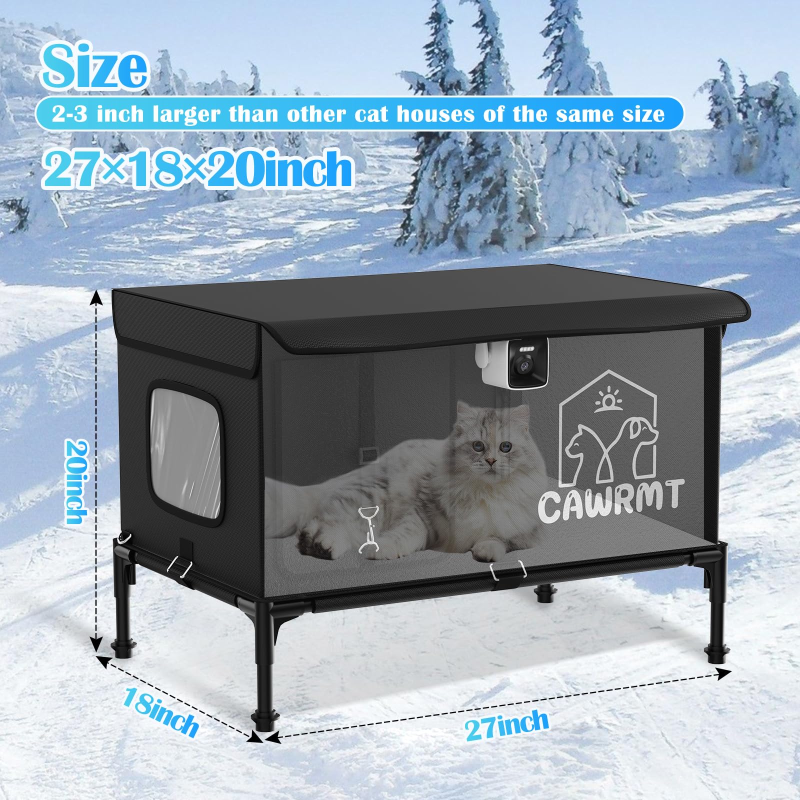 Heated Cat House with Camera - Waterproof & Insulated Outdoor Cat Shelter for Winter, Weatherproof Feral Cat House for Stray & Barn Cats (Black, Large) - Perfect for Backyard, Garden & Cold Weather Protection