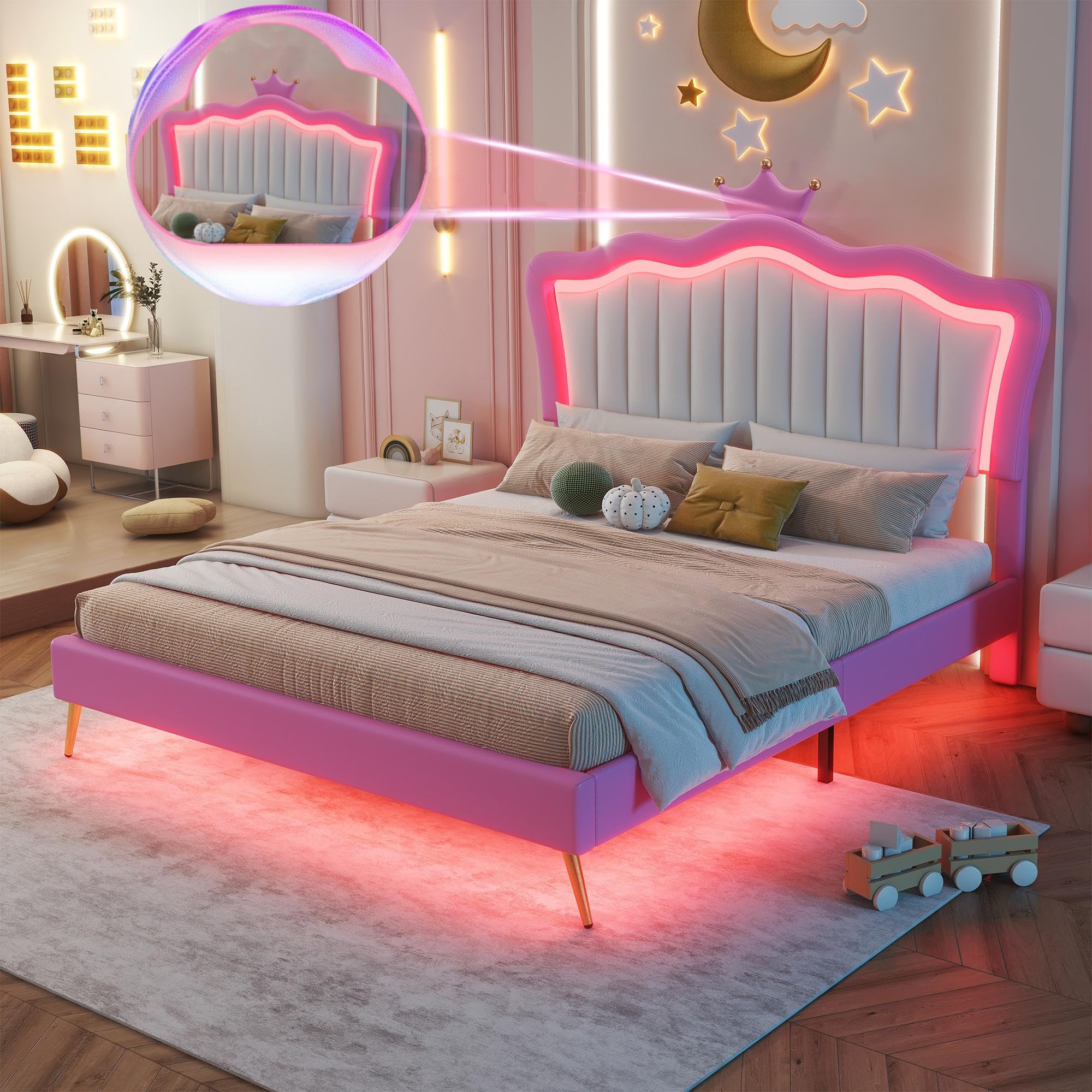 Linique Full Size Upholstered Bed Frame with LED Lights - Modern Princess Bed with Crown Headboard in Pink & White - Perfect for Girls' Bedroom, Teen Room Decor & Luxury Bedroom Makeover