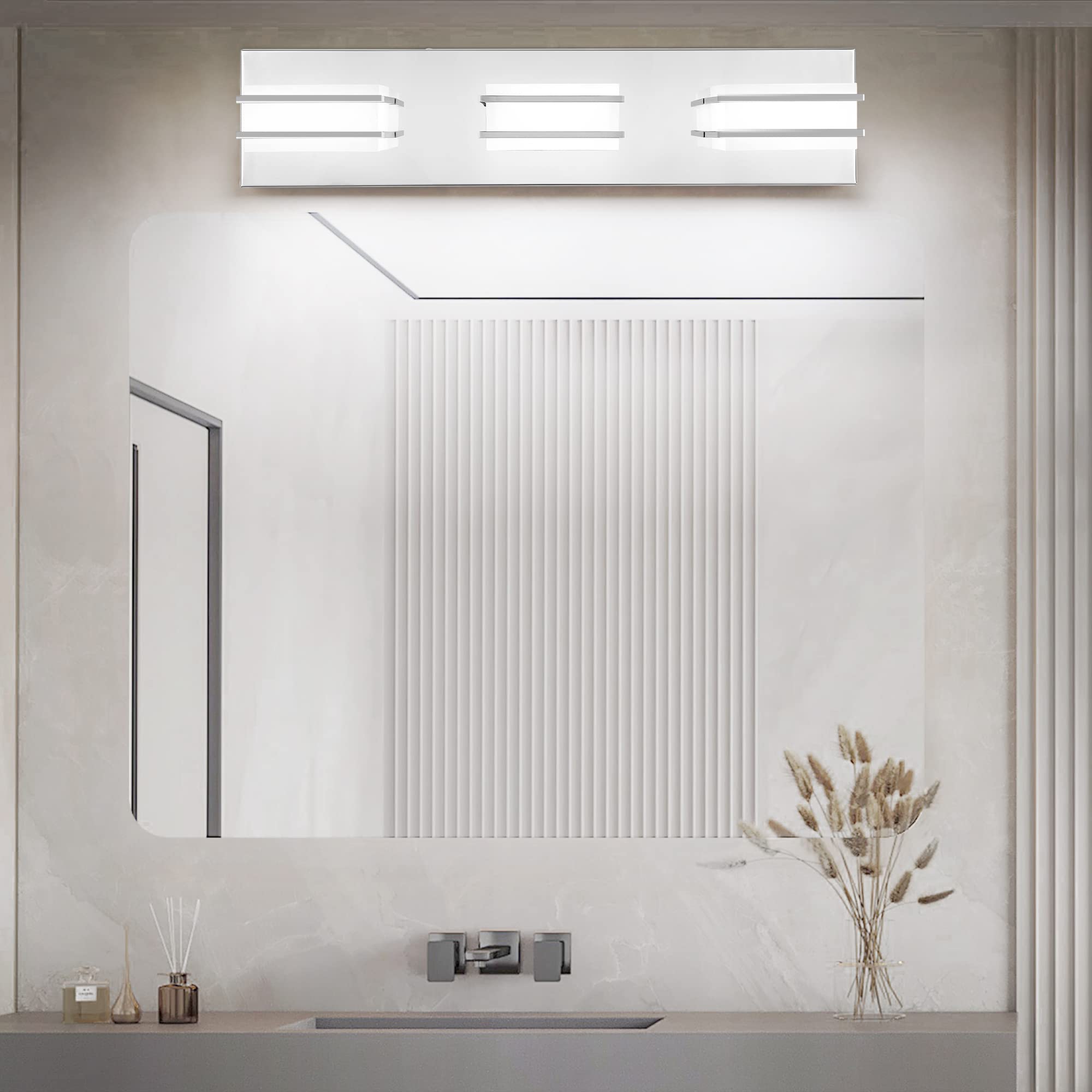 3-Light Dimmable LED Bathroom Vanity Lighting Fixture with Chrome Finish & Acrylic Shade - Adjustable 3000K-6000K Color Temperature - ETL Certified for Bathroom Mirror & Makeup Area