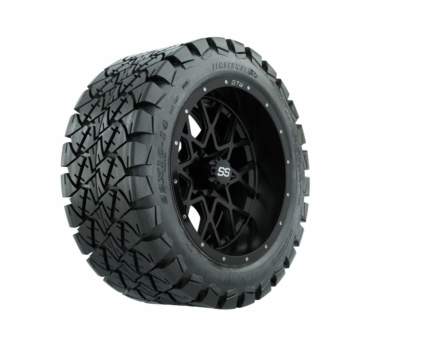 GTW 14 Inch Golf Cart Wheels & Tires Combo Set of 4 - Matte Black Vortex Wheels with 22x10-14 Timberwolf All Terrain Tires | Premium Golf Cart Accessories for Off-Road & Course Performance