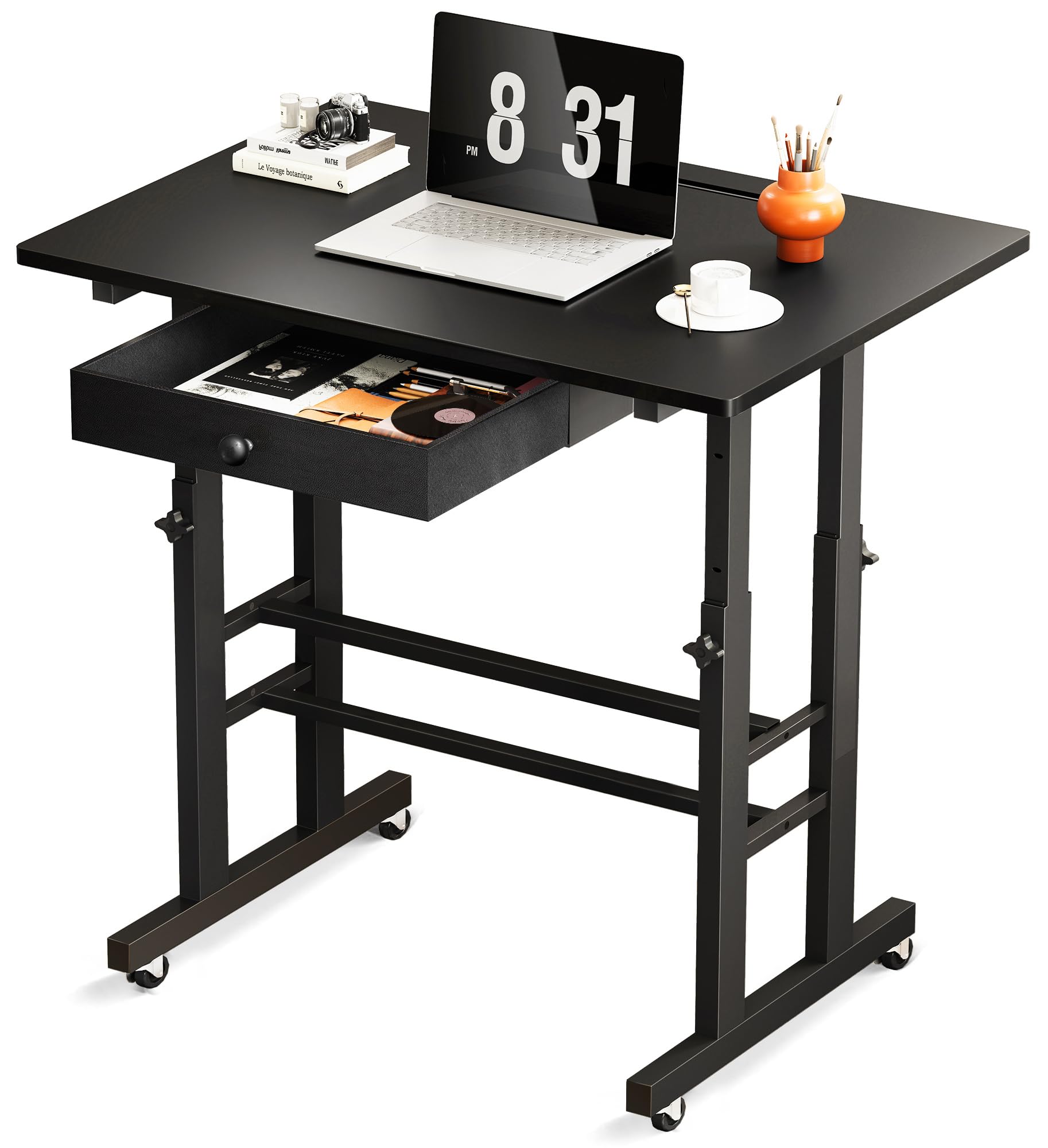 GTRACING Adjustable Mobile Standing Desk with Wheels - 31.5 x 19.5 Inch Black Workstation for Home Office, Gaming & Study | Portable Rolling Computer Desk for Small Spaces & Ergonomic Workspace Setup