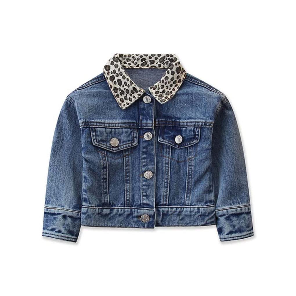 Abateyila Girls' Leopard Print Denim Jacket - Warm Spring & Autumn Outerwear for Baby & Kids - Long Sleeve Fashion Coat for School, Playdates & Outdoor Activities
