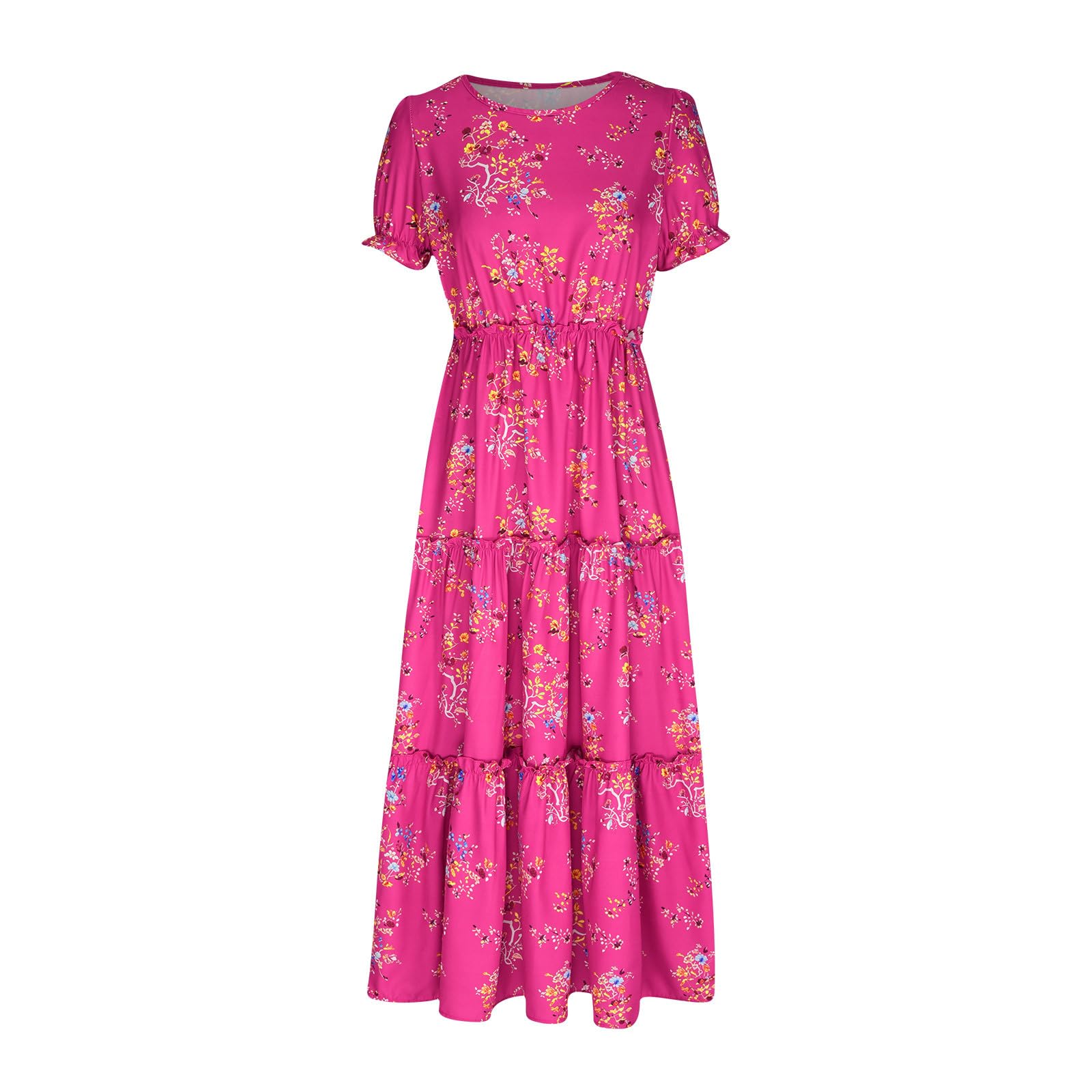 2024 Women's Boho Floral Maxi Dress - Loose Fit Crewneck Summer Dress with Ruffles & Graphic Print | Perfect for Vacation, Beach & Sun Outings