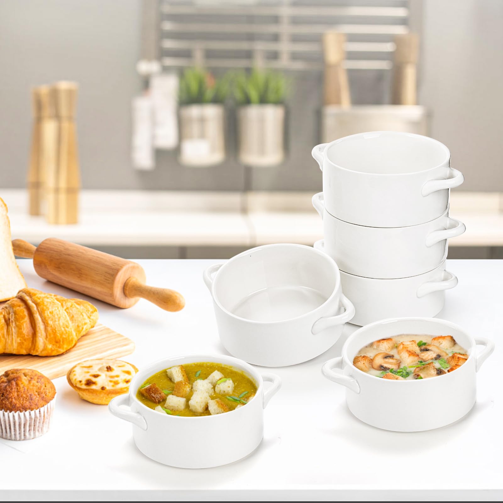 SOUJOY 6 Pack French Onion Soup Bowls - 22Oz Porcelain Serving Bowls with Handles, Oven Safe Crocks for Soup, Cereal, Chili, Pot Pie & Beef Stew - Perfect for Baked Dishes, Restaurant Serving & Family Dining