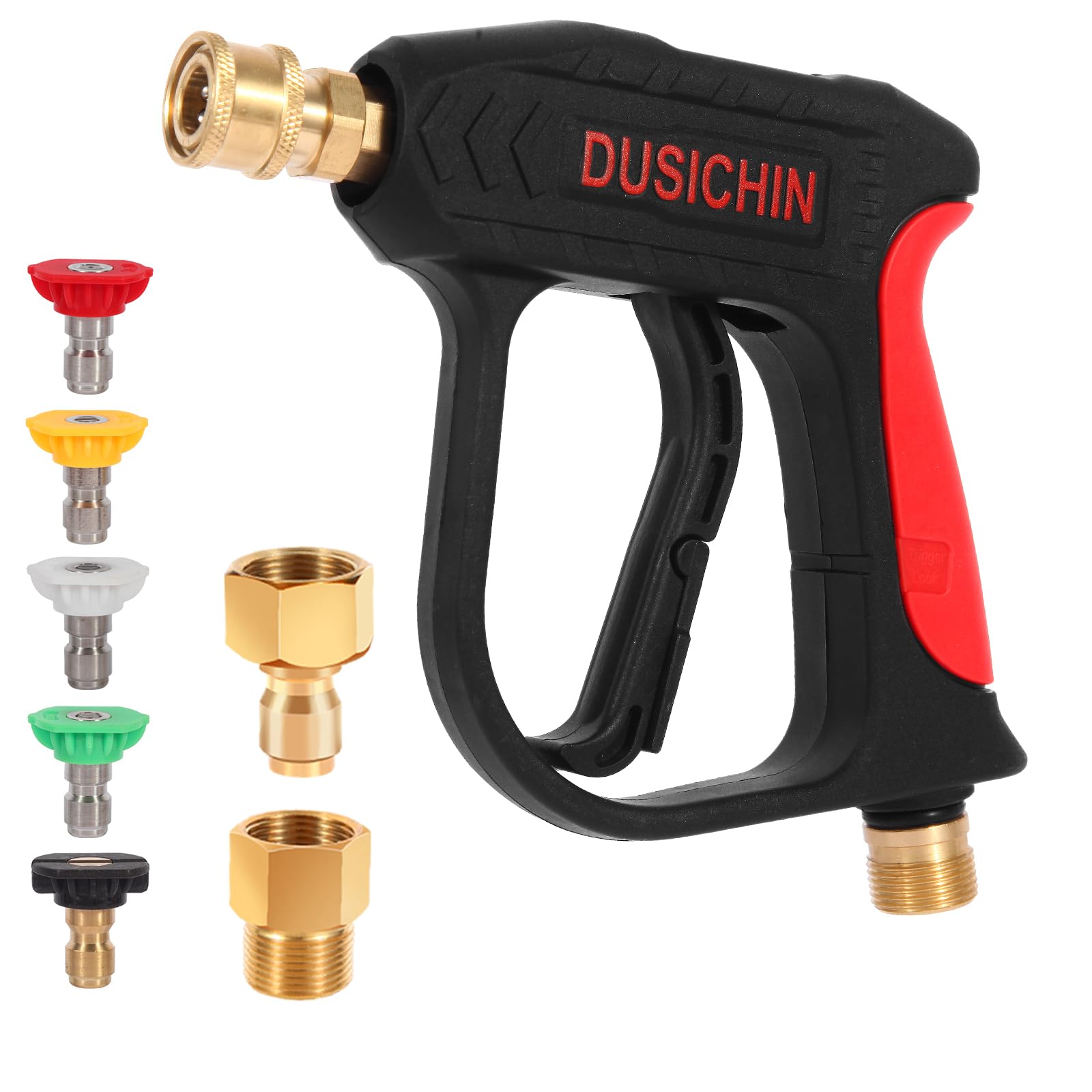 DUSICHIN DUS-220 High Pressure Washer Gun - 3000 PSI Short Wand with 5 Nozzle Tips for Car Washing, Deck Cleaning & Home Exterior Maintenance - Black Power Washer Handle