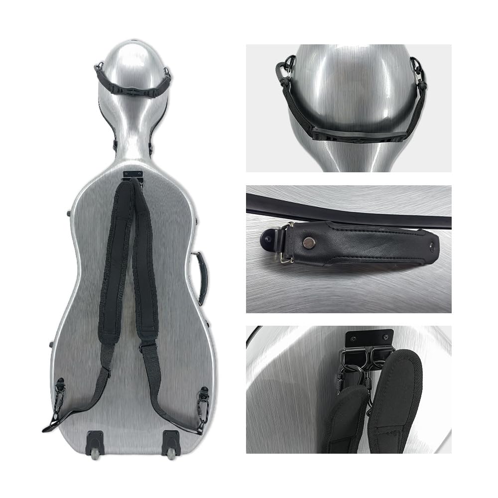 Premium Carbon Fiber Hard Cello Case for Adults - 1/2 Size with 2 Bow Holders, Reinforced Handle, Back Straps & Wheels - Ultra Lightweight & Durable Cello Box for Travel, Performances & Storage