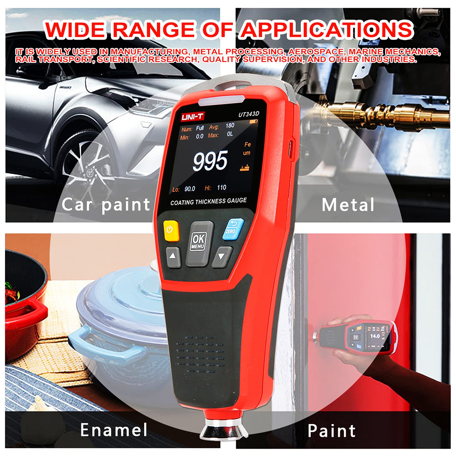 UT343D Digital Coating Thickness Gauge 0.1 Micron to 1250μm - Automotive Paint & Film Thickness Tester for Car, Truck, Metal Surface Inspection | Perfect for Auto Body Shops, Quality Control & Industrial Applications