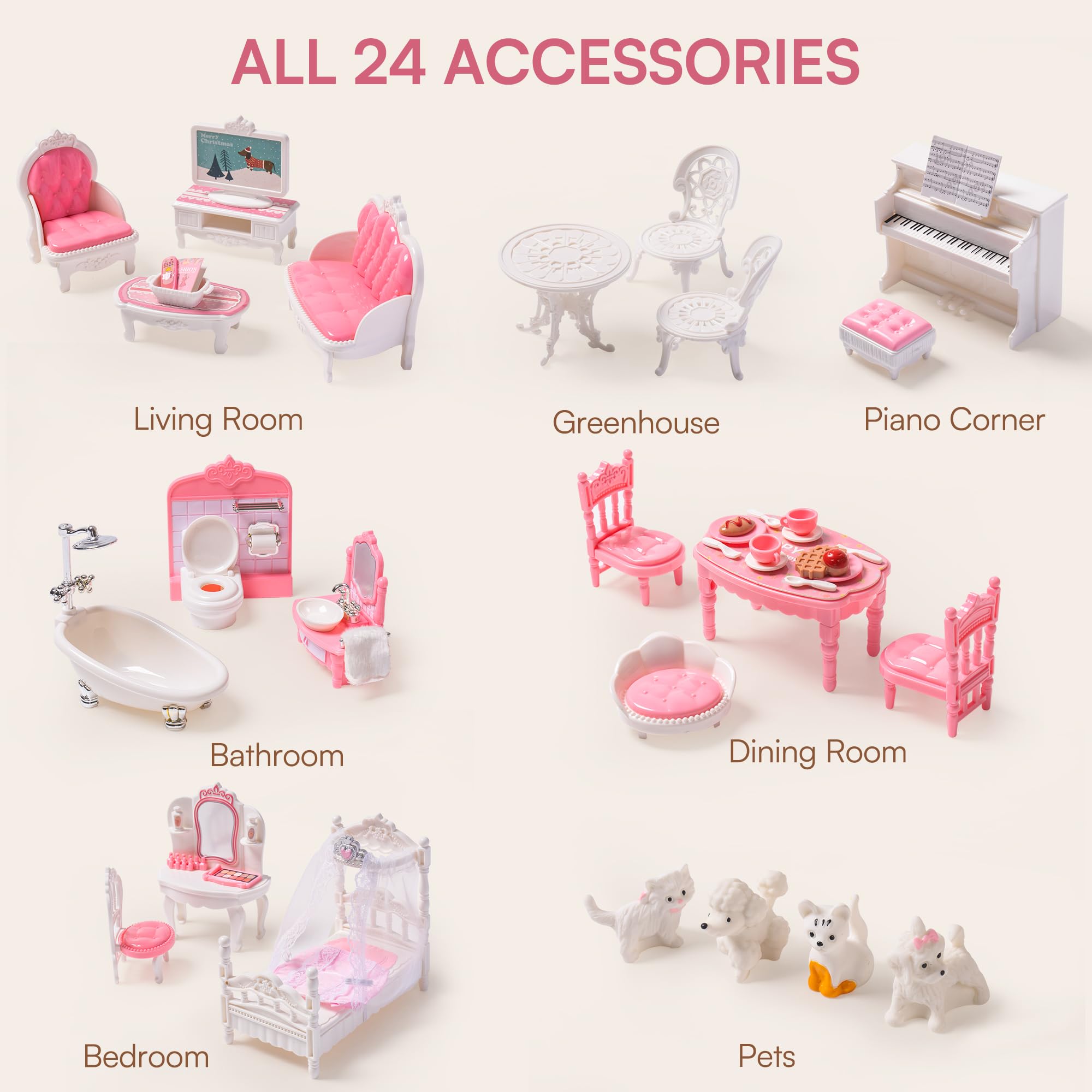 ROBUD 3-Story Wooden Dollhouse Playset with 24 PCS Furniture - 5 Room Pretend Play Toy for Kids, Toddlers & Girls | Perfect for Imaginative Play, Birthday Gifts & Early Childhood Development