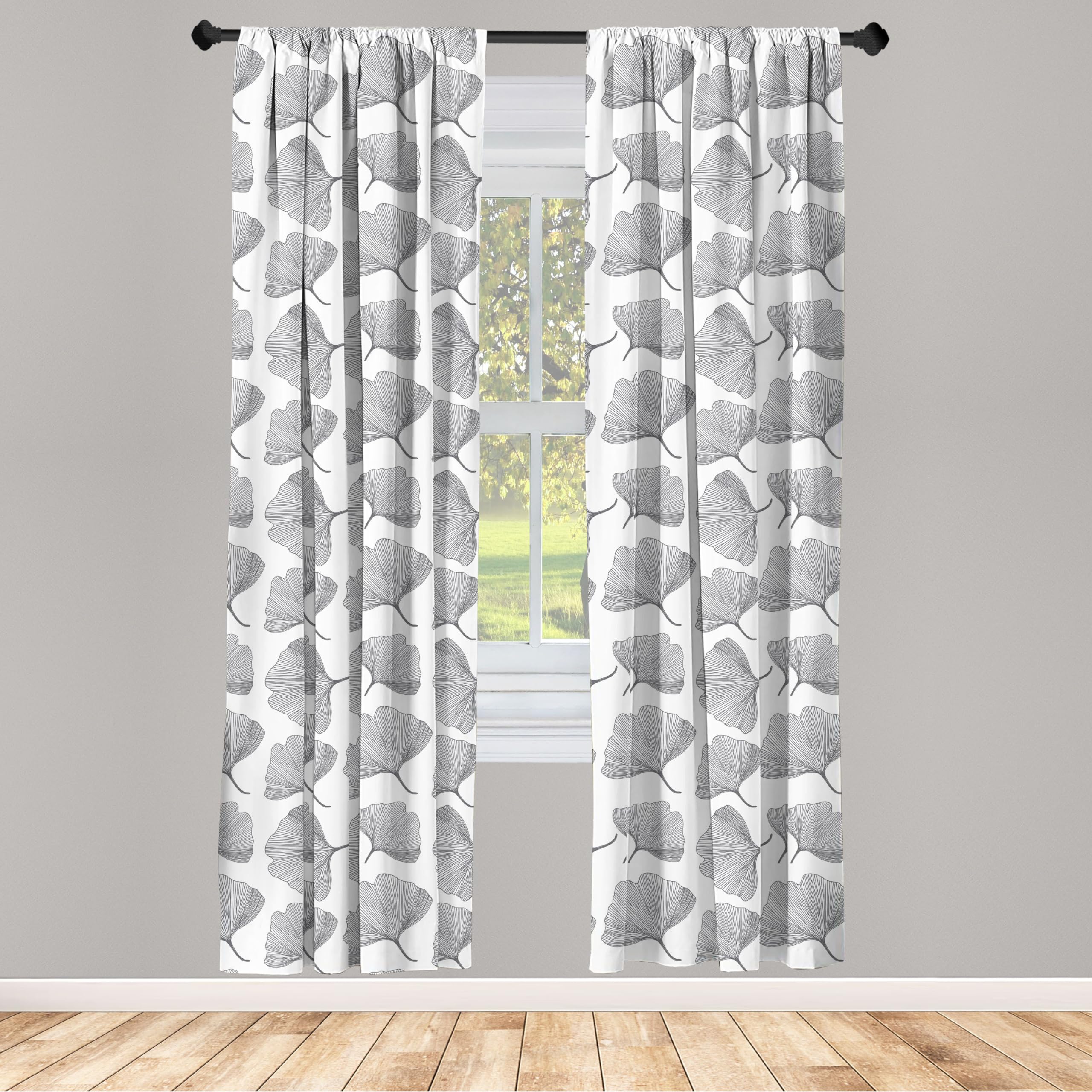 Ambesonne Ginkgo Leaf Window Curtains - Black & White Minimalist Botanical Print, Lightweight 2-Panel Set with Rod Pocket (28