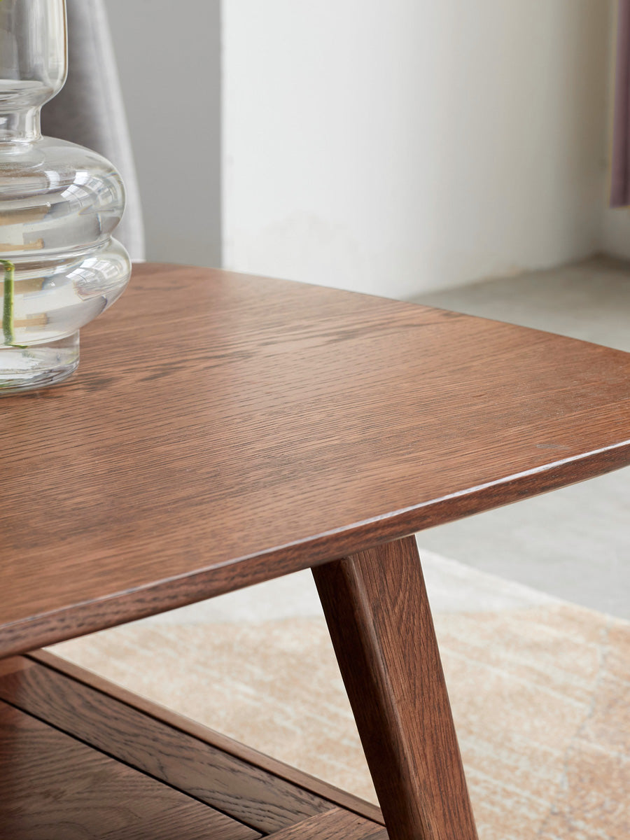 Solid Oak Wood Walnut Finish Double Layer Coffee Table - Modern Living Room Furniture for Home Decor & Small Space