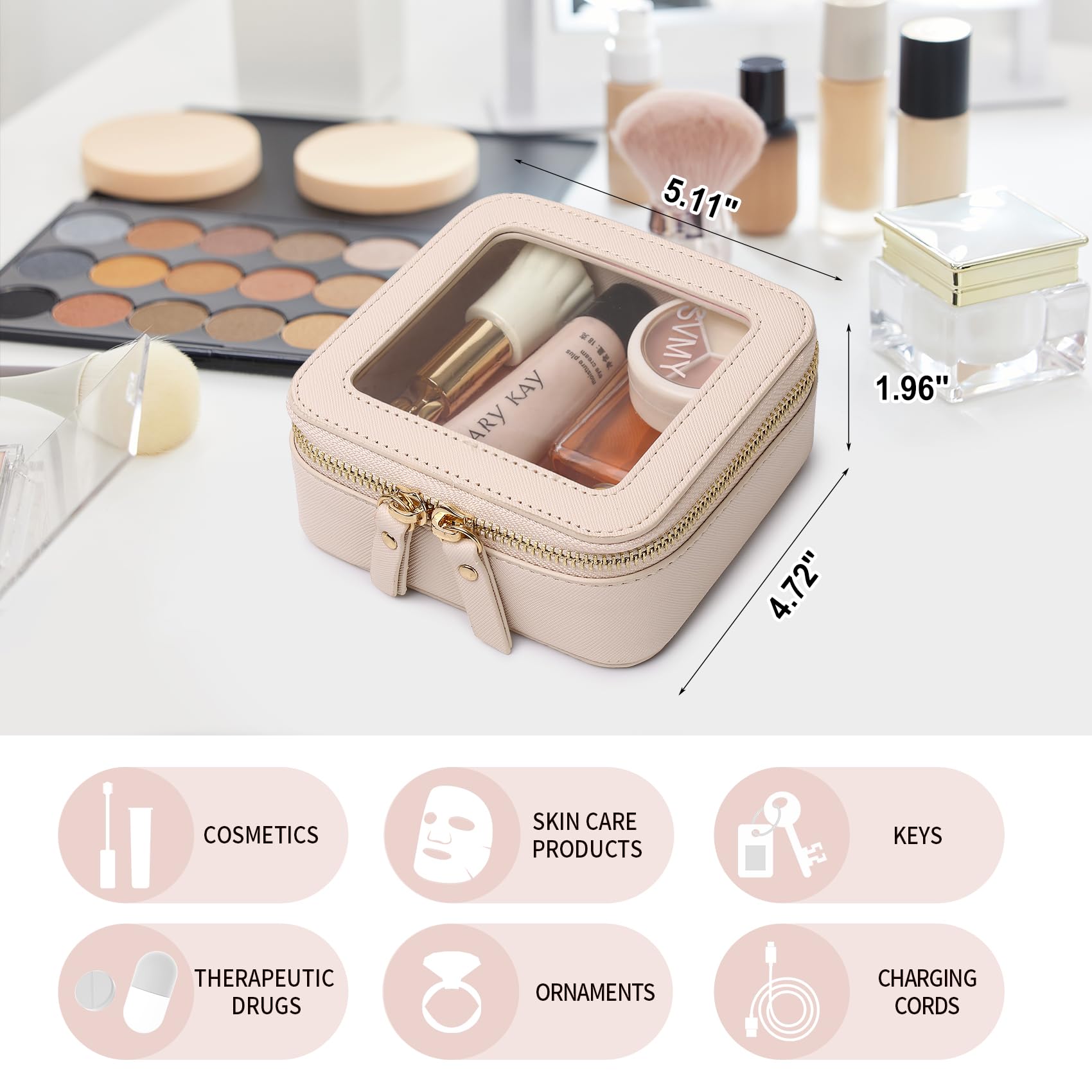 Small Clear Makeup Bag - Mini Cosmetic & Toiletry Organizer with Zipper for Travel, Car Essentials (Beige)