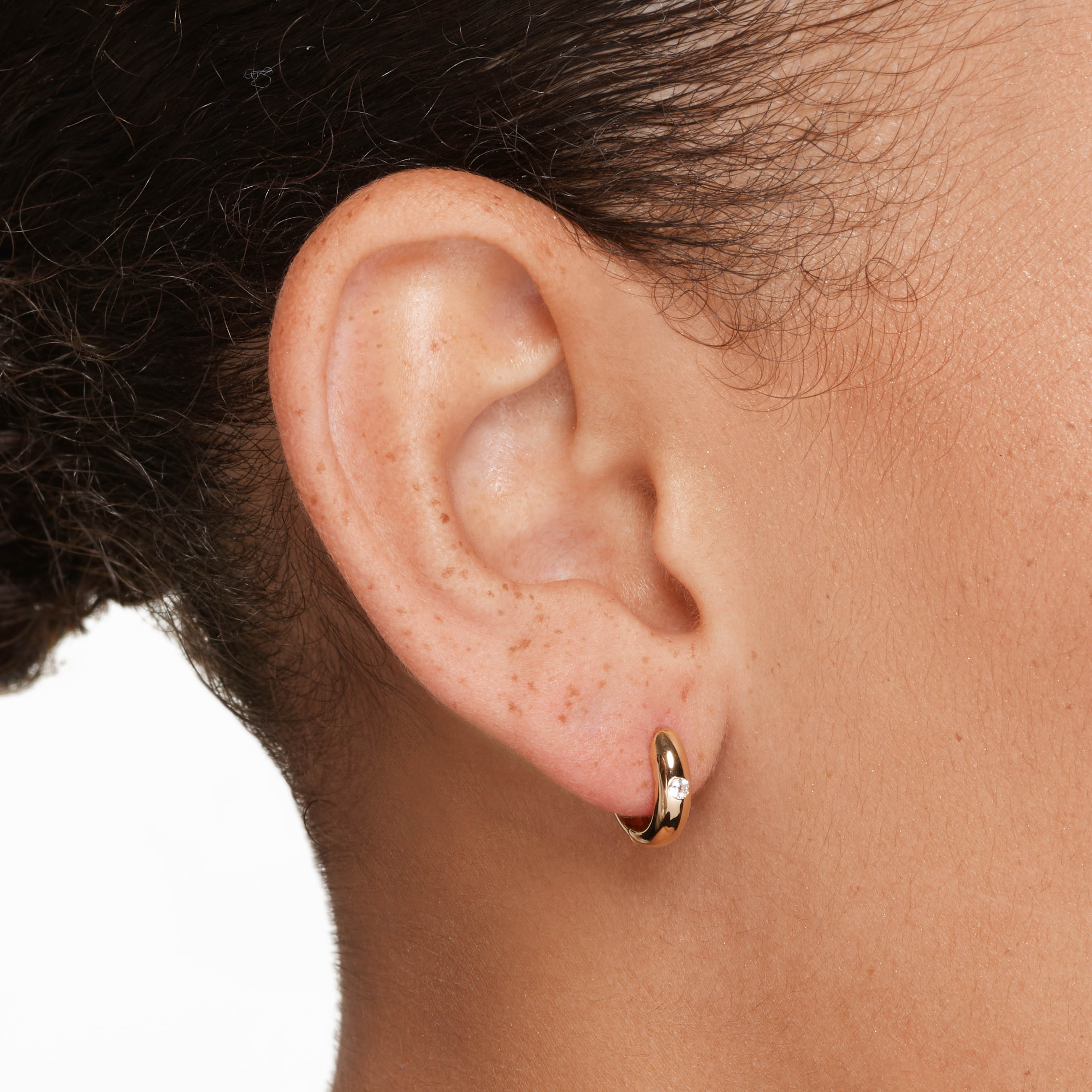 14K Gold White Topaz Round Curve Huggie Earrings for Women - Perfect for Weddings, Parties & Everyday Wear