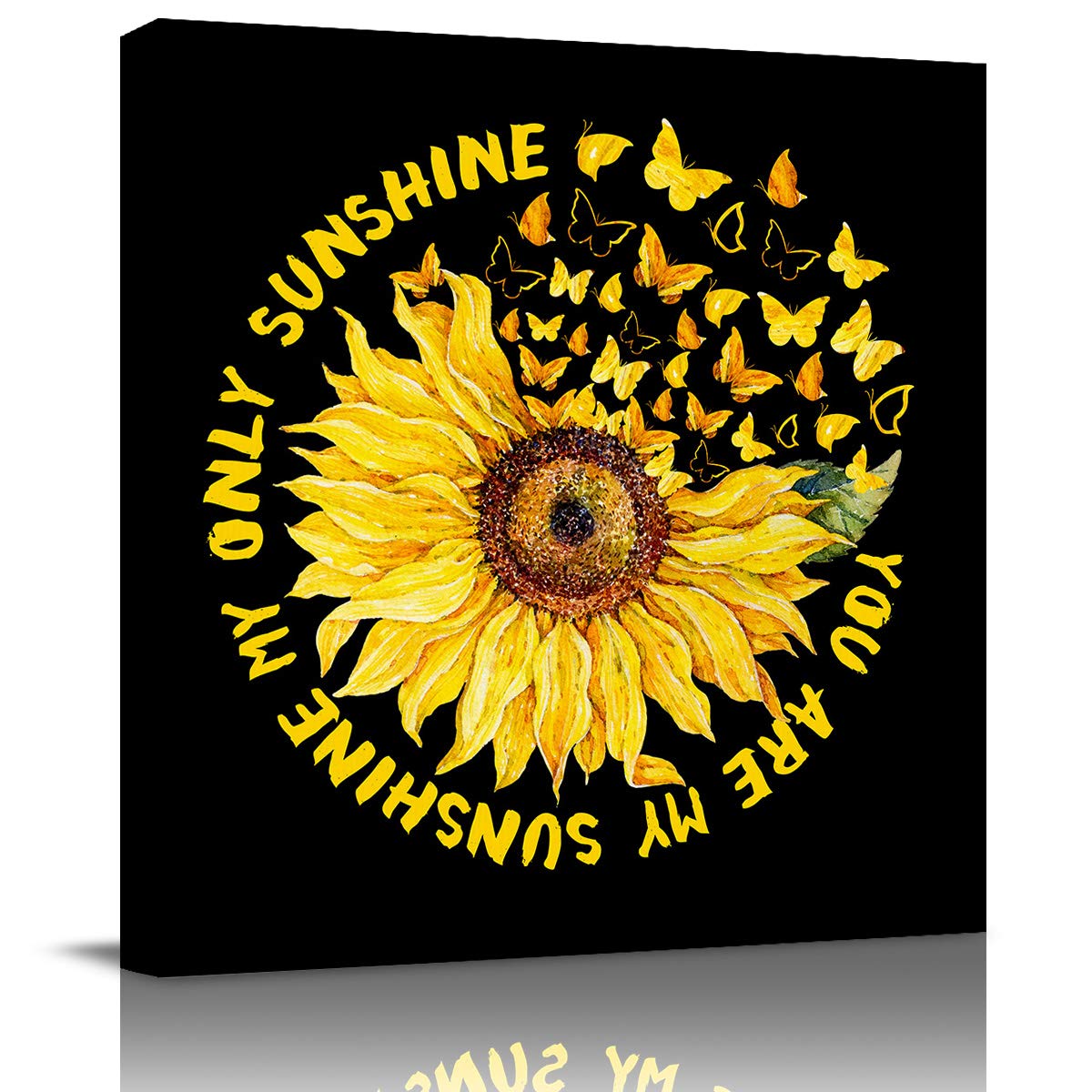 Sunflower Canvas Wall Art 28x28 Inch - Yellow Flowers & Butterflies Painting on Black Backdrop for Living Room, Office & Home Decor - Ready to Hang Wall Artwork for Modern Interior Design & Housewarming Gifts
