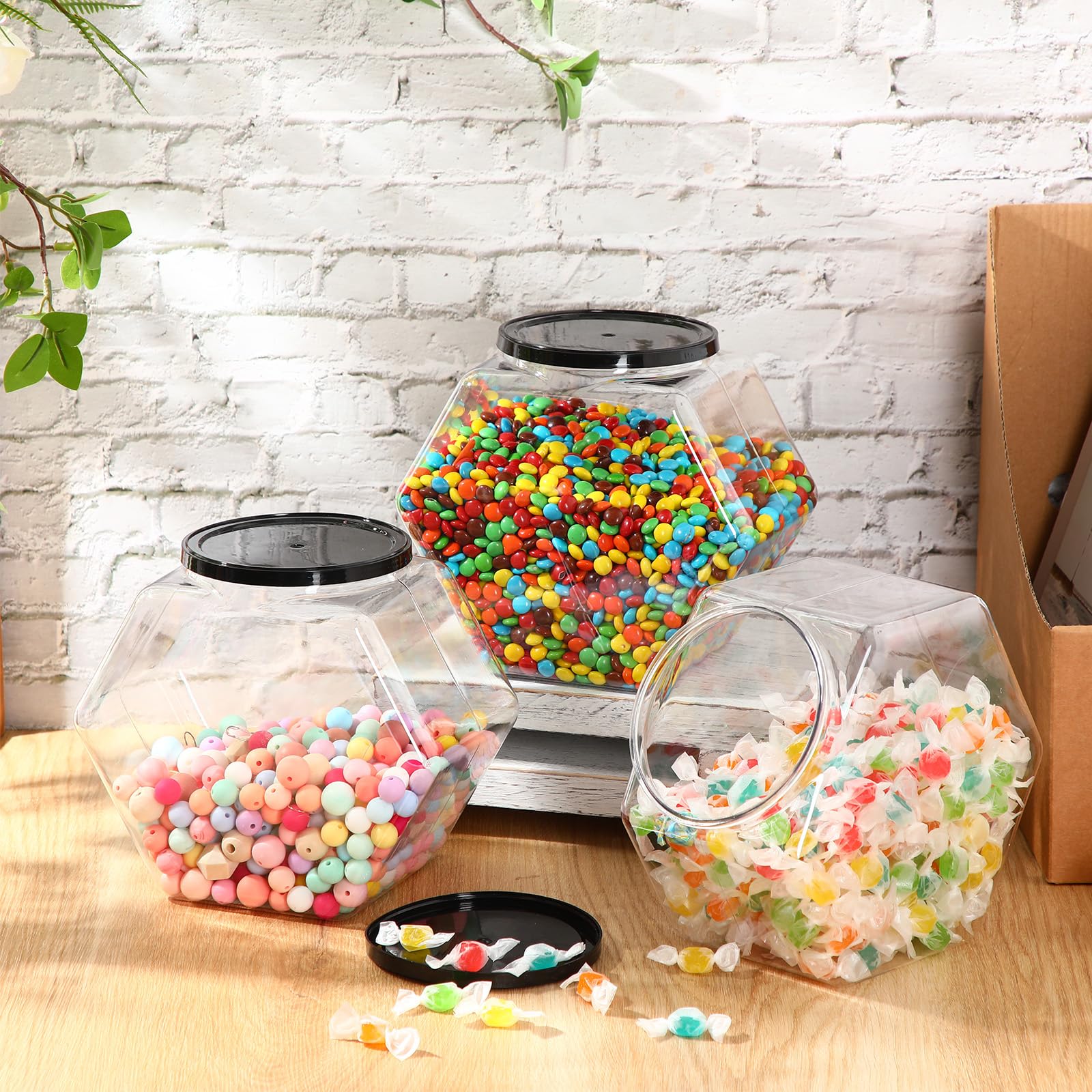 Dandat 12-Pack 73oz Clear Hexagon Plastic Candy Jars with Lids - Bulk Kitchen Storage Containers for Cookies, Snacks & Treats - Wide Mouth Candy Buffet Display Jars for Parties, Laundry Pods & Home Organization