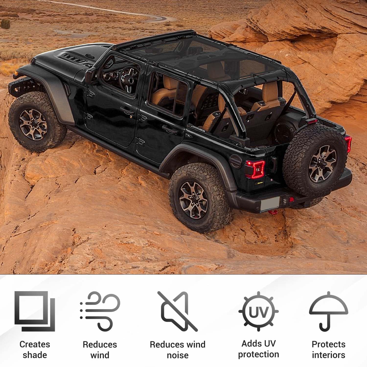 Jeep Wrangler JL JLU & Gladiator JT Sunshade Mesh Top Cover (2018-Up) - Black RT-TCZ Sunroof Shade for 4-Door Models | UV Protection & Heat Reduction for Off-Roading & Summer Driving