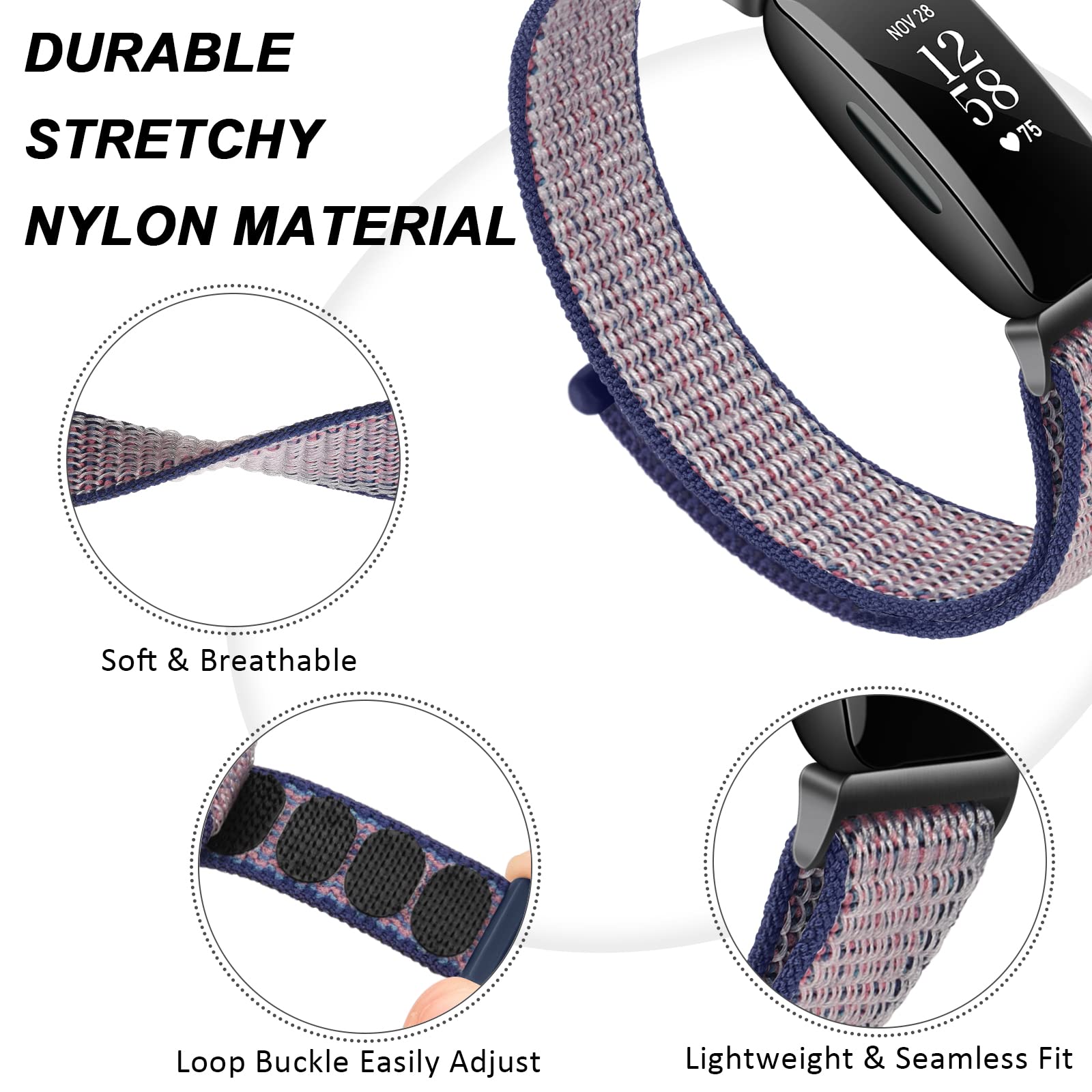 Soft Adjustable Breathable Nylon Replacement Bands Compatible with Fitbit Inspire 2 & Inspire HR - Comfortable Wristband for Women & Men - Perfect for Workouts, Running & Daily Wear