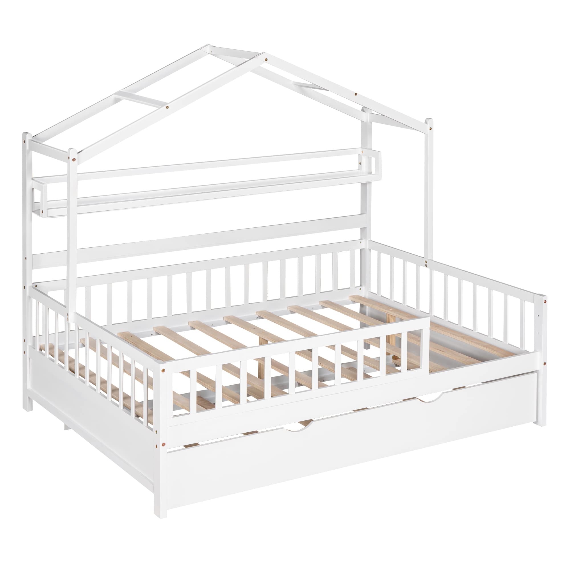 Harper & Bright Designs Full Size House Bed with Trundle - Wooden Kids Bed Frame with Built-in Shelf & Roof - No Box Spring Needed (White) - Perfect for Kids' Bedroom, Playroom & Nursery Decor