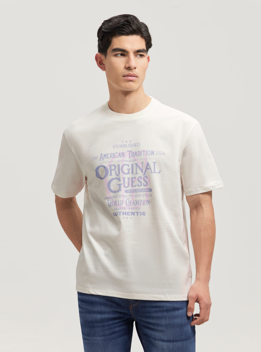 Guess Originals Beige Collegiate T-Shirt for Men | Vintage-Inspired Cotton Tee | Casual & Streetwear Style | Perfect for College, Outings & Everyday Wear