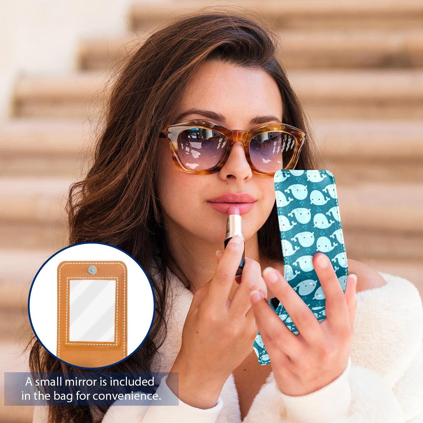 Whale Print Portable Lipstick Holder with Mirror - Cute Mini Makeup Organizer for Women (Holds 3 Lipsticks) - Perfect for Travel, Purse & On-the-Go Touch Ups