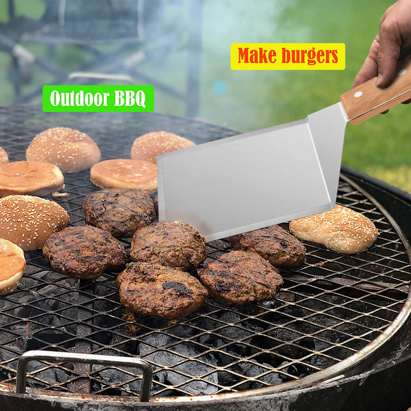 **HaSteeL Professional Wooden & Metal Spatula Set - 2-Piece Griddle Spatulas for Hamburgers, Pancakes & Teppanyaki - Perfect for BBQ, Flat Top Grilling, Indoor & Outdoor Cooking - Includes 2 Hooks**    *(Use Cases: Ideal for flipping burgers, pancakes, omelets, and stir-frying on griddles, flat-top grills, or teppanyaki tables—great for home kitchens, outdoor BBQs, and commercial cooking.)*