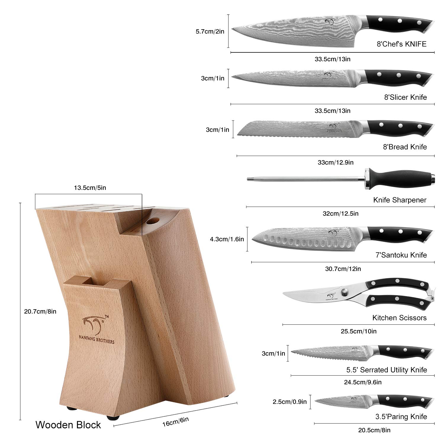 Premium 9-Piece Damascus Steel Knife Set with Block - Chef Knives, Sharpener & Kitchen Shears - Ergonomic ABS Handles - Perfect for Home Chefs & Professional Kitchens - Ideal for Slicing, Dicing & Food Prep