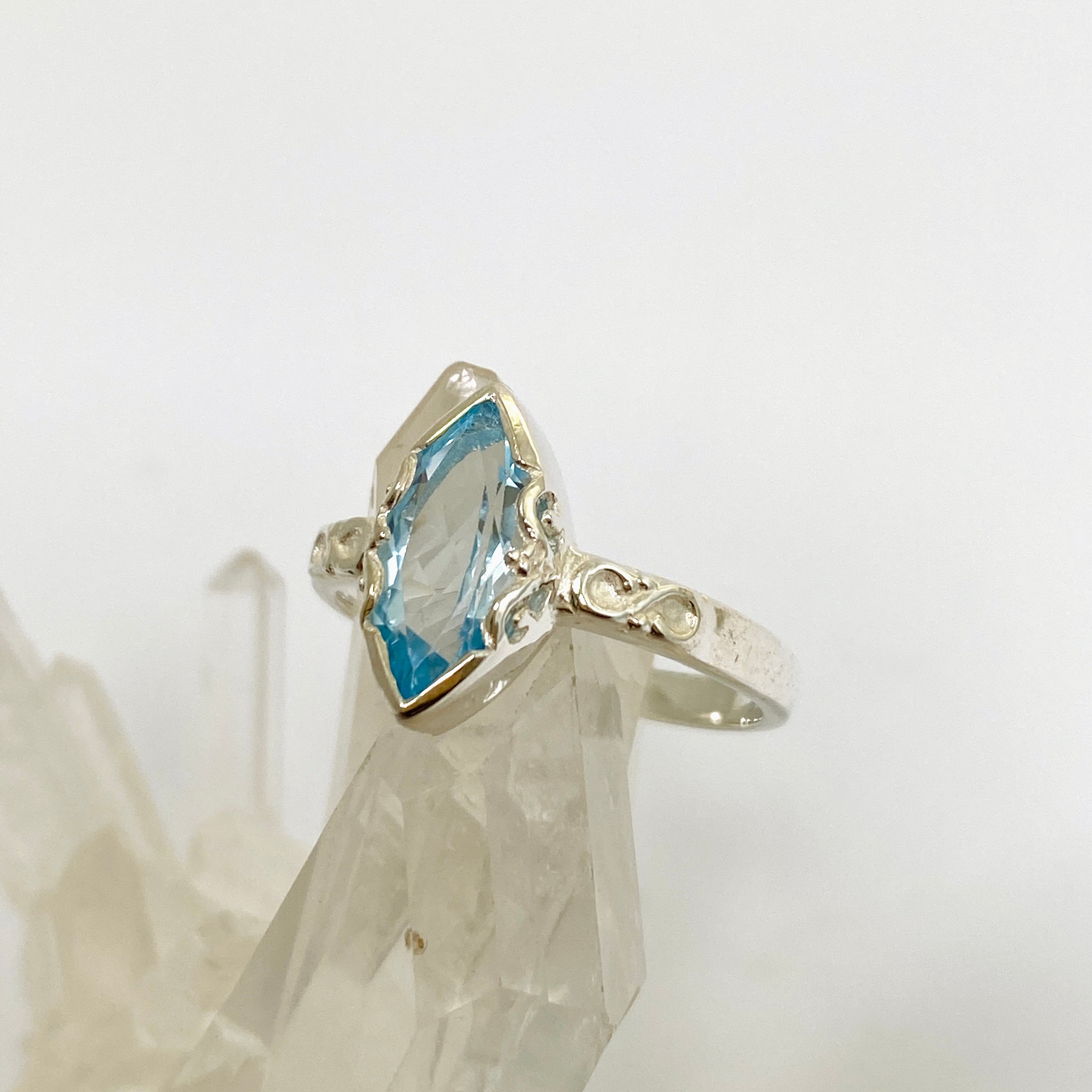 Blue Topaz Marquise Cut Ring with Decorative Setting R3726 – Elegant Jewelry for Weddings, Parties & Special Occasions