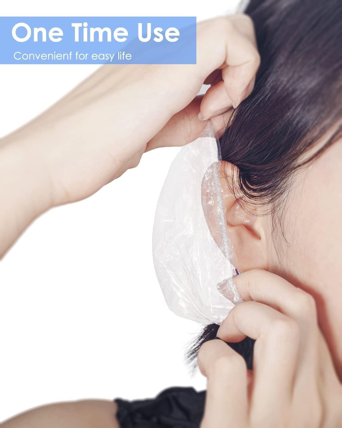 FEORA 200 Pack Waterproof Ear Covers for Shower, Swimming, Hair Dye – Transparent Ear Protectors for Women & Kids – Reusable Bathing Ear Caps for Salon, Spa & Home Use