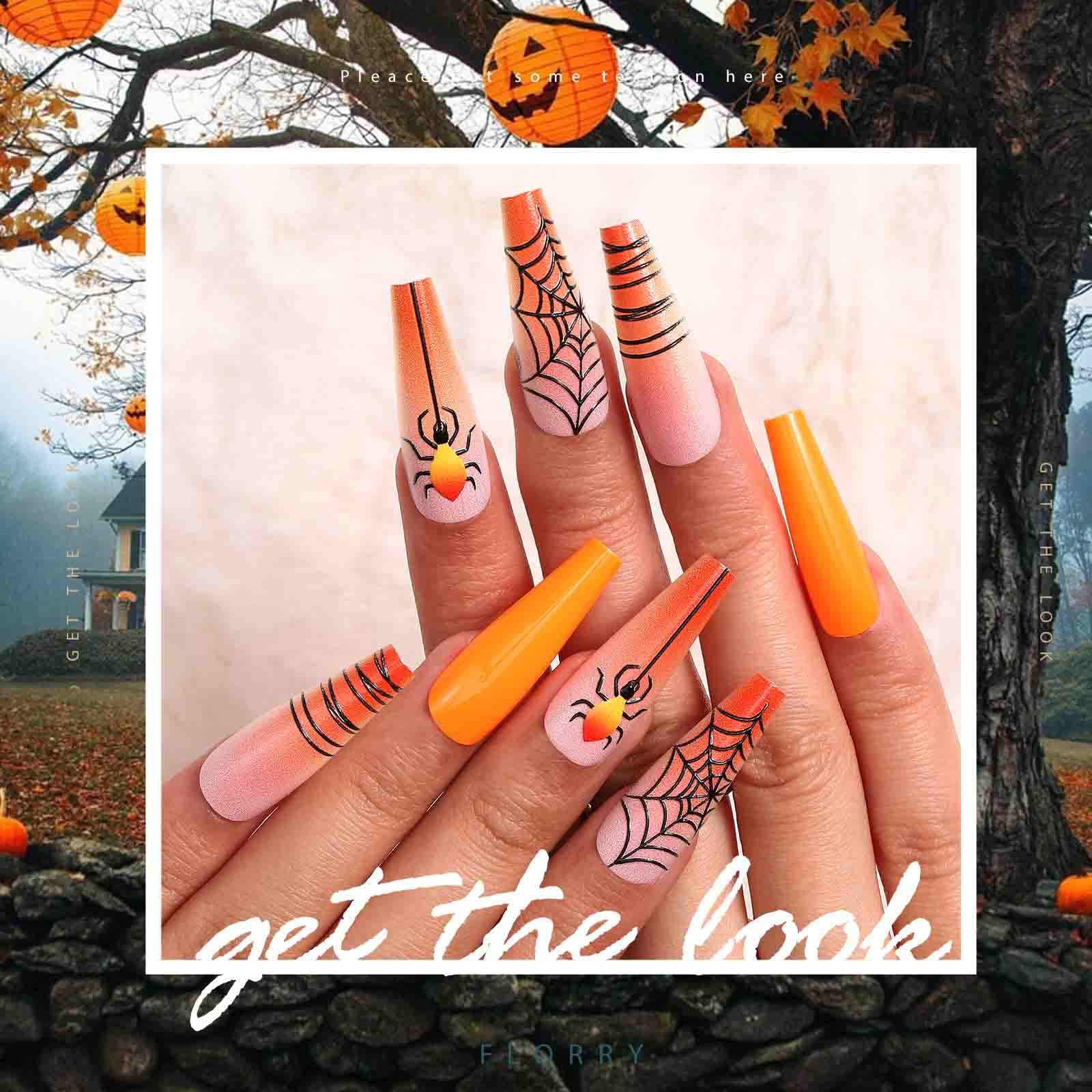Florry Halloween Extra Long Press on Nails - Black Matte Coffin Fake Nails for Women & Girls (30Pcs Spider Design) | Acrylic Nails for Halloween Party, Cosplay & Gothic Fashion