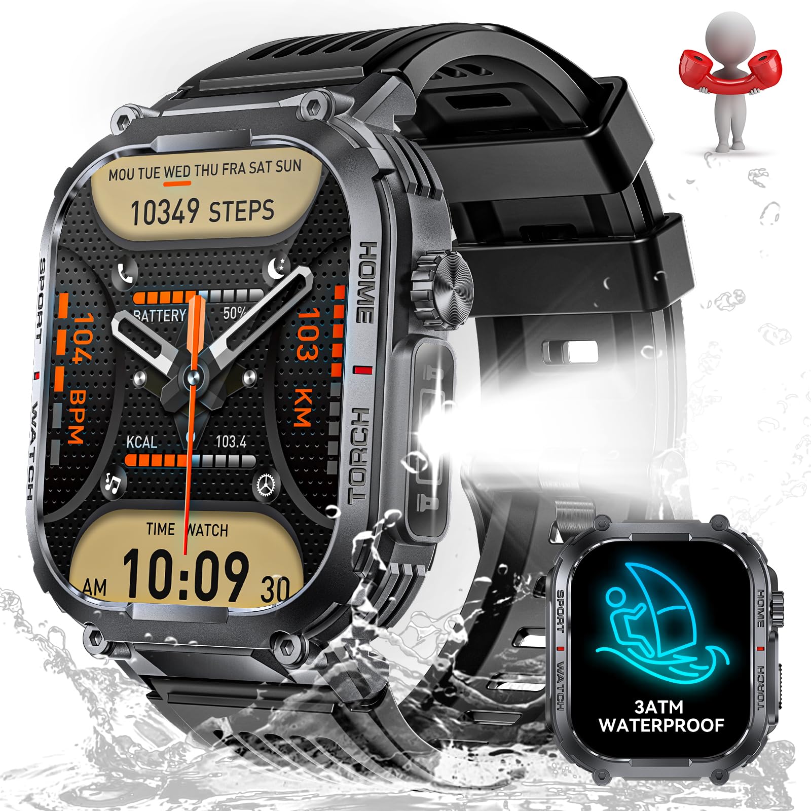 Military Tactical Smart Watch for Men - 3ATM Waterproof, 2.02